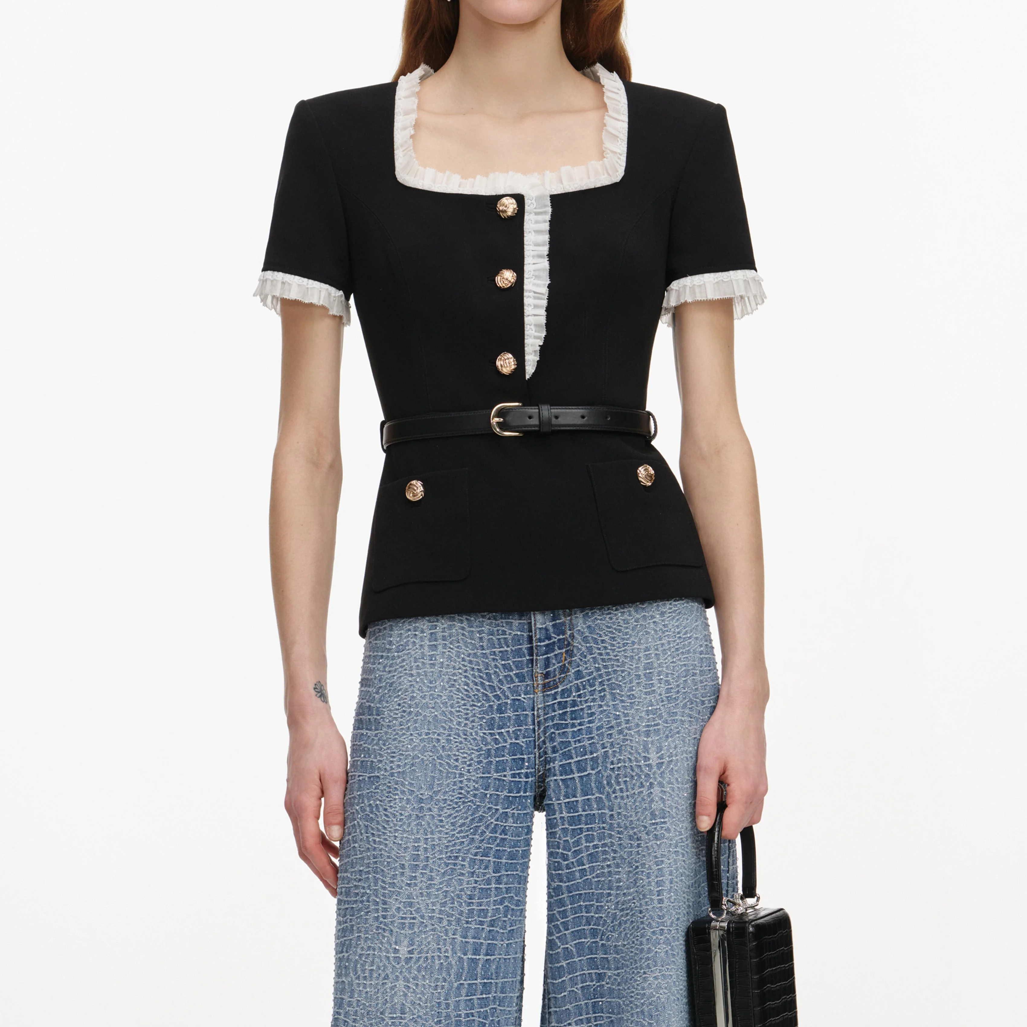 Black Crepe Contrast Frill Top - Image 4