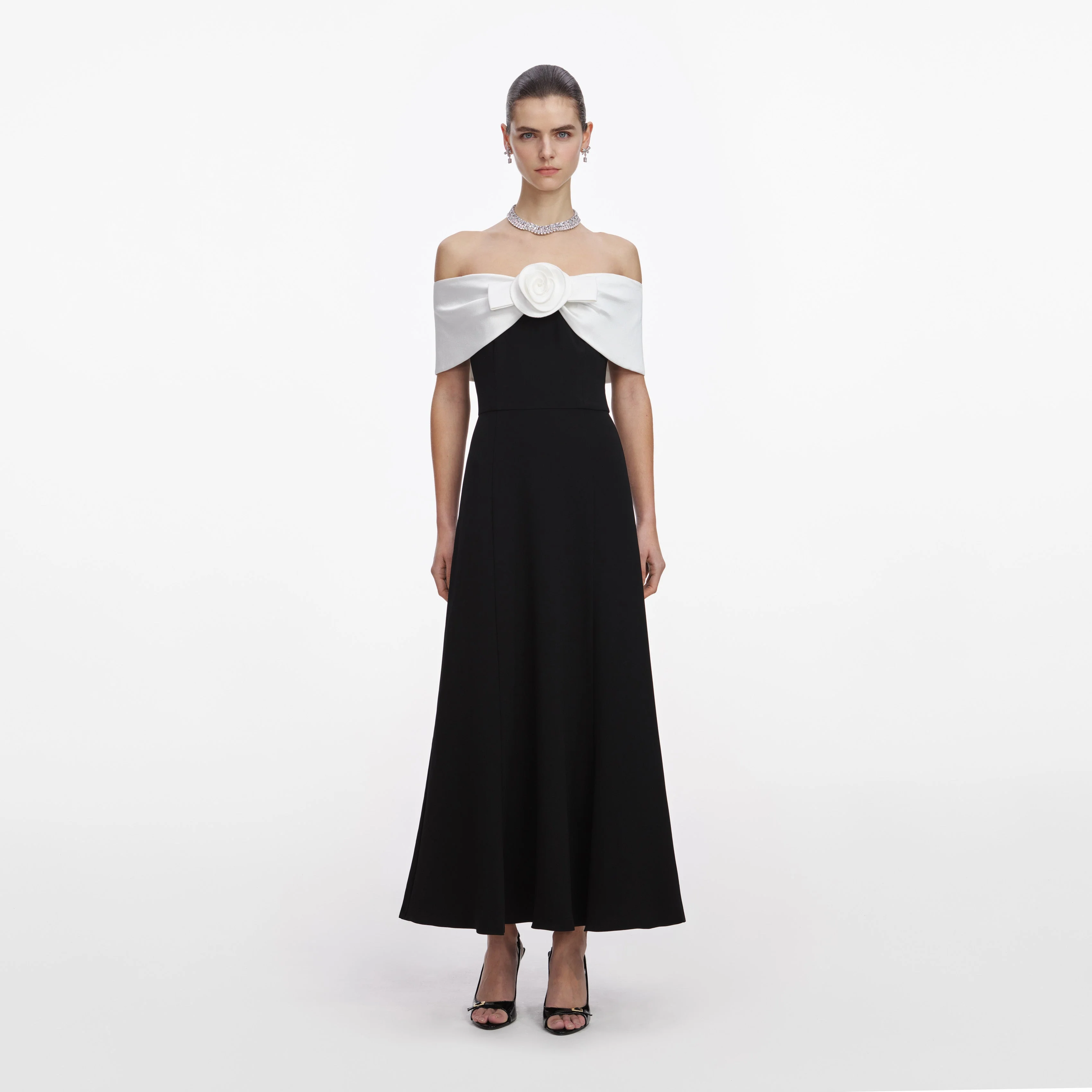 Black Crepe Flower Midi Dress