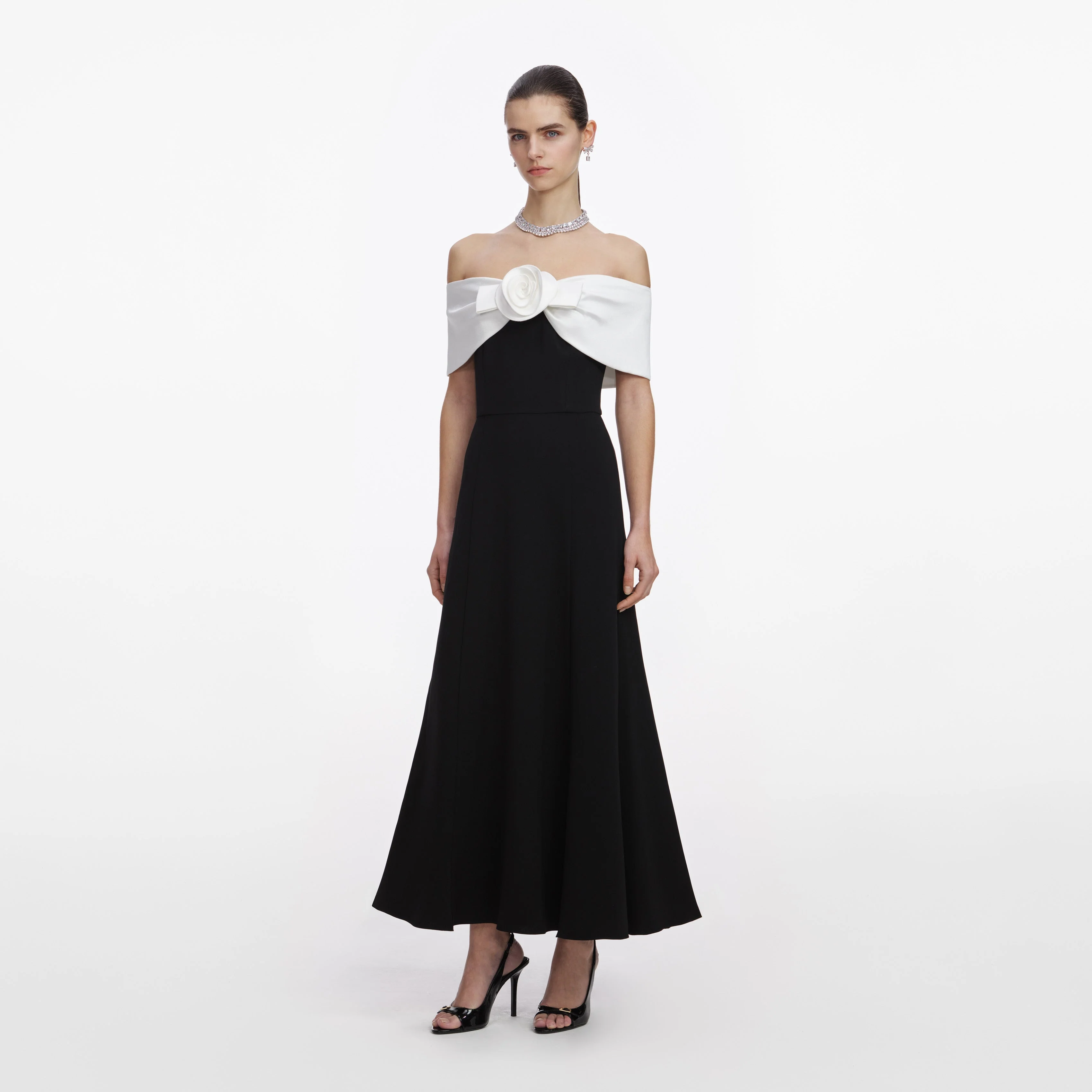 Black Crepe Flower Midi Dress - Image 2