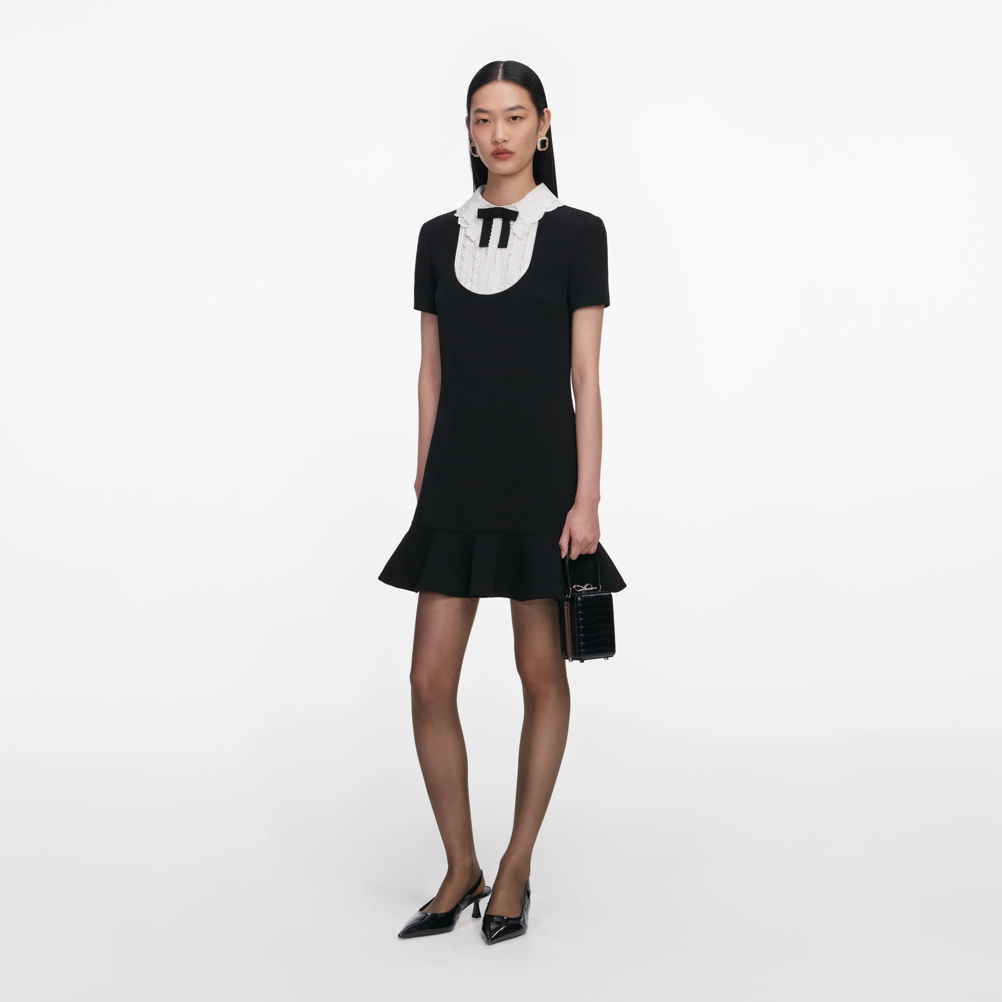 Black Crepe Lace Bib Mini Dress - Image 2