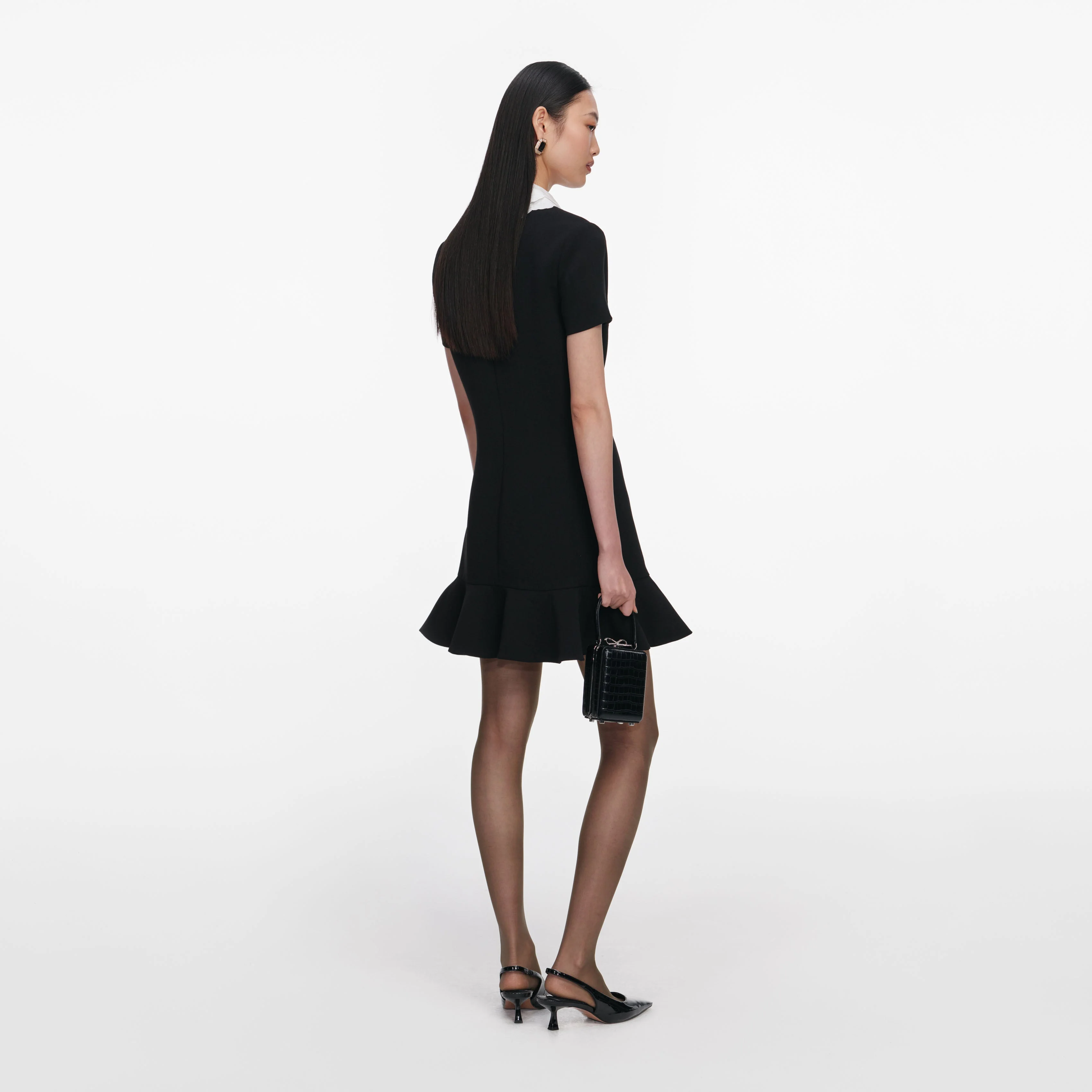 Black Crepe Lace Bib Mini Dress - Image 3