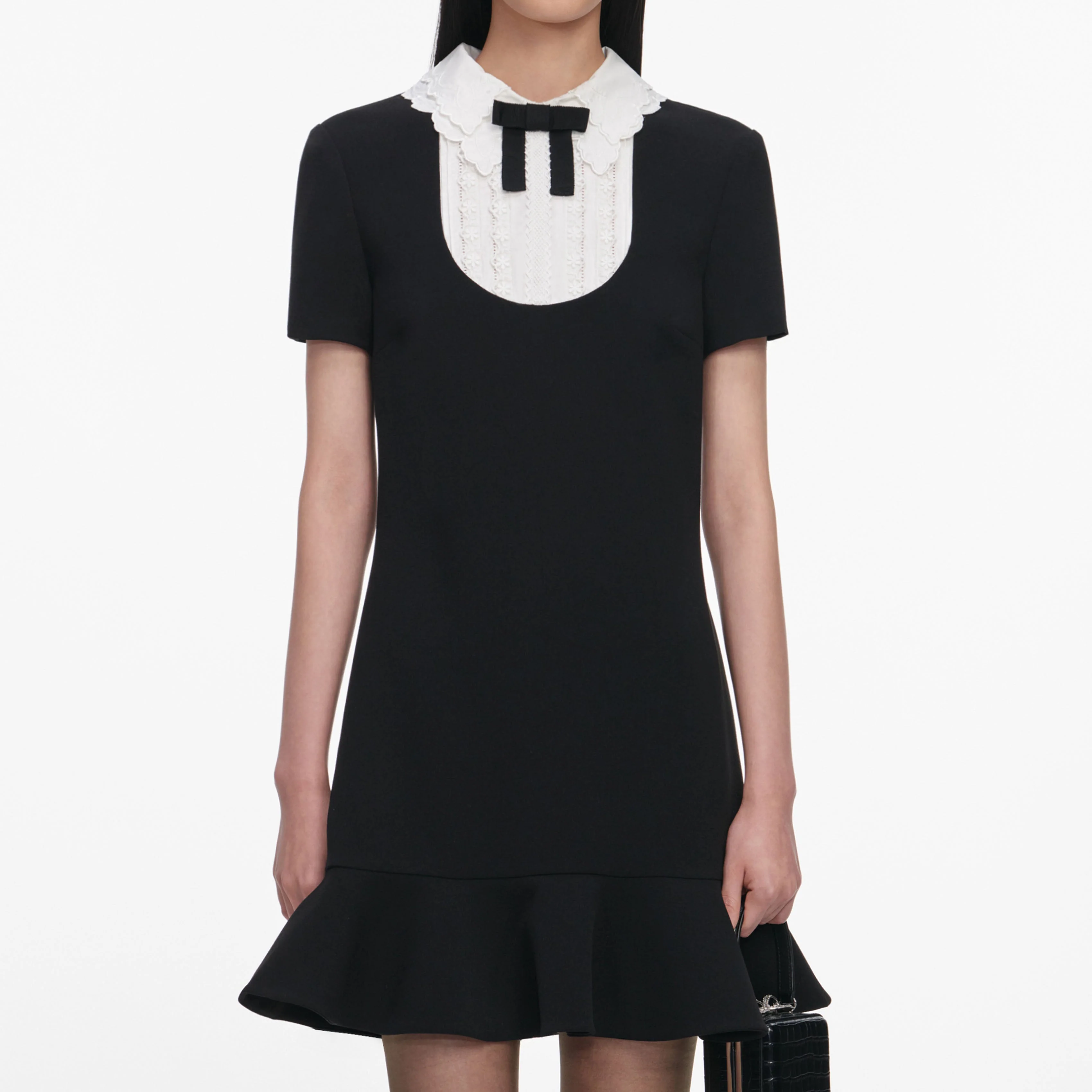 Black Crepe Lace Bib Mini Dress - Image 4