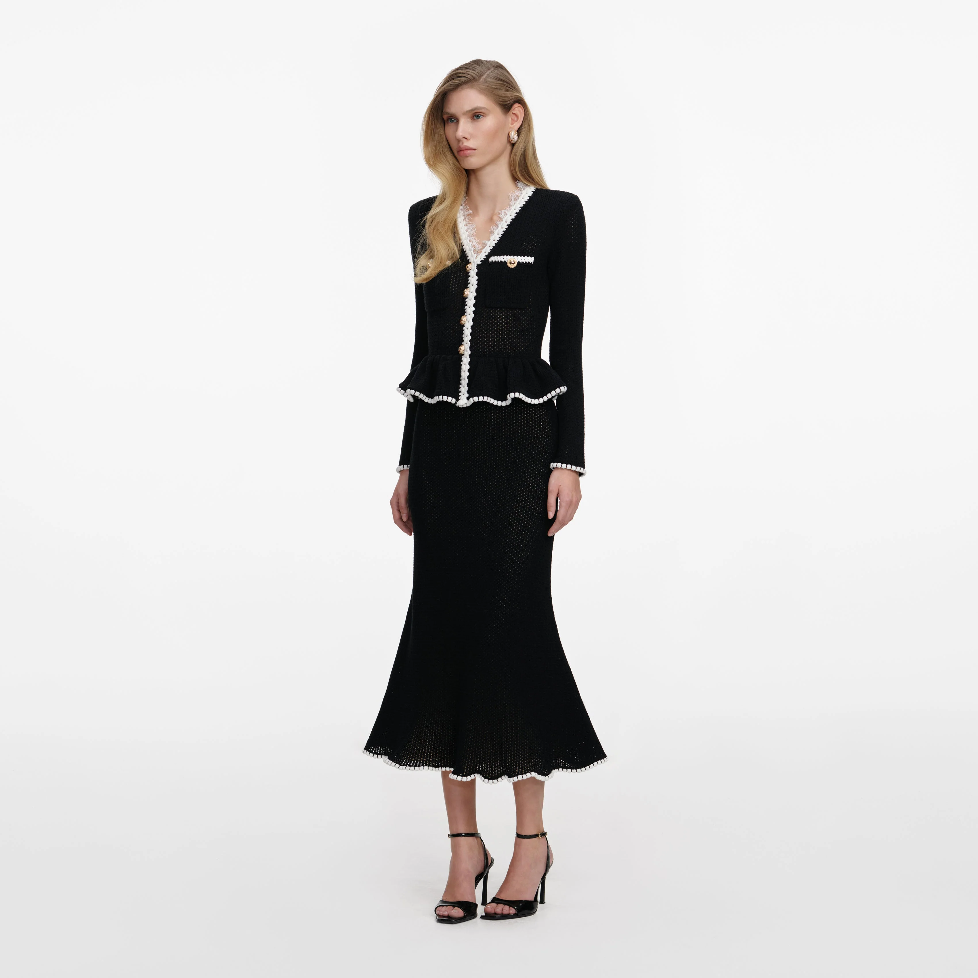 Black Lace Insert Peplum Knit Midi Dress - Image 2
