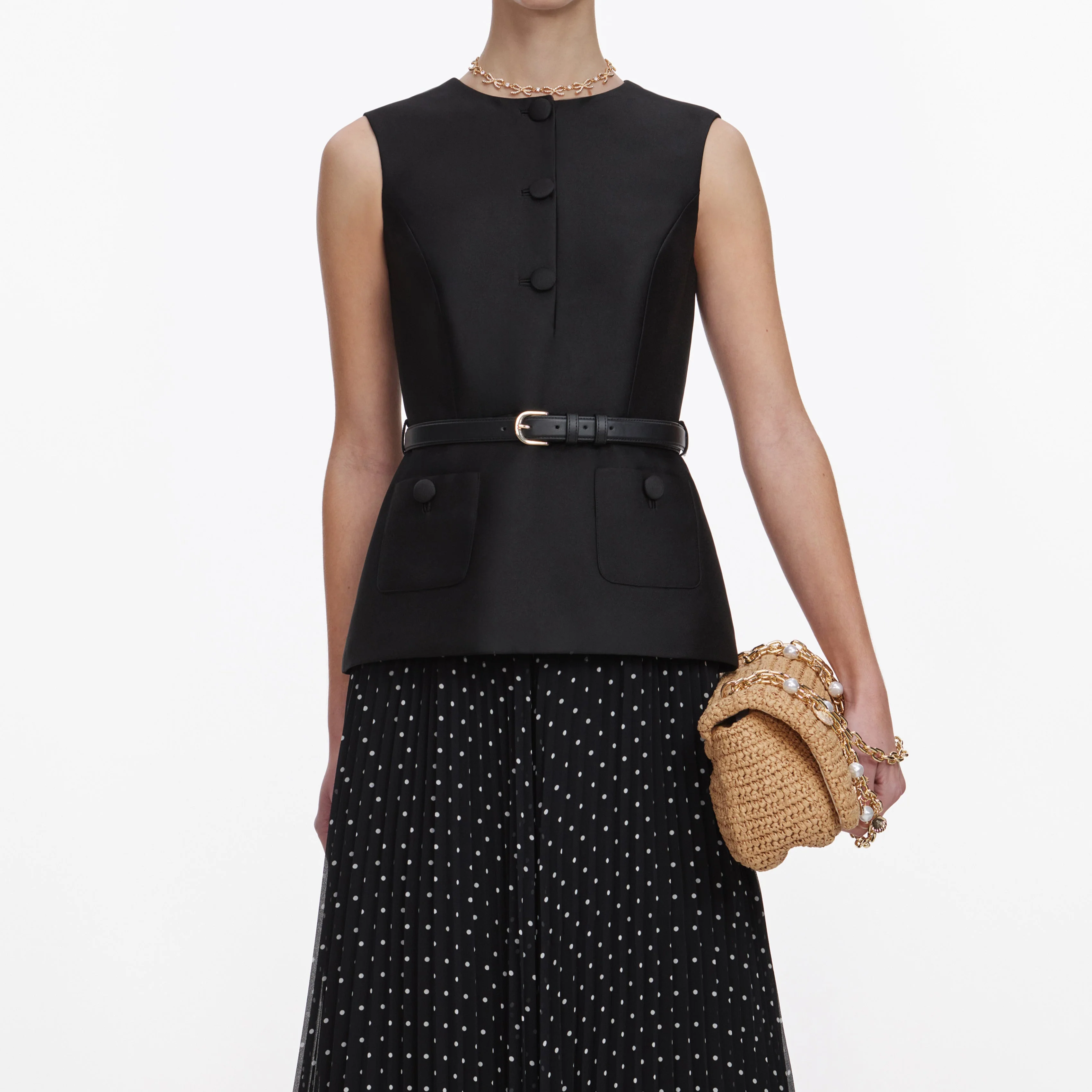 Black Taffeta Polka Dot Midi Dress - Image 4
