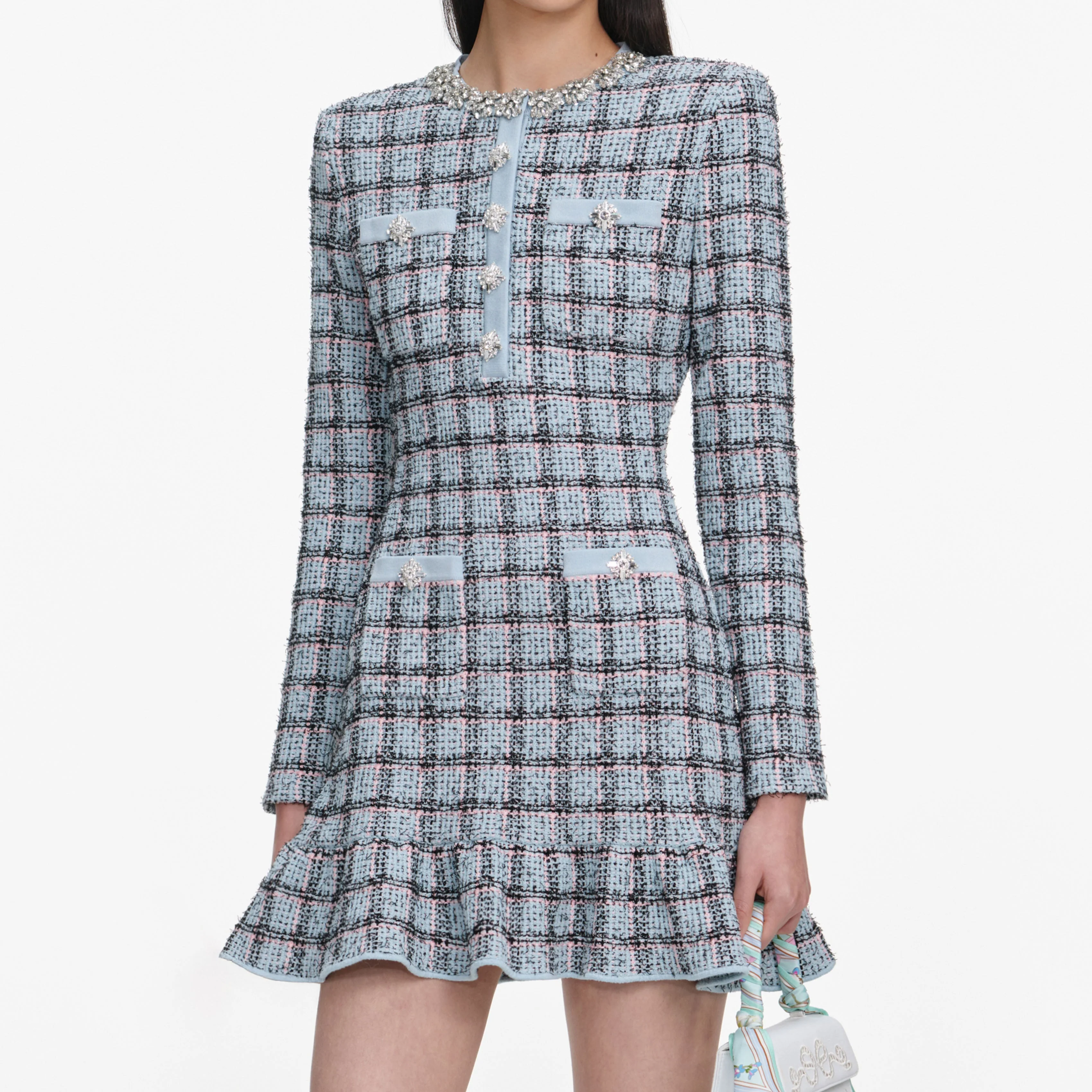 Blue Check Knit Mini Dress - Image 4