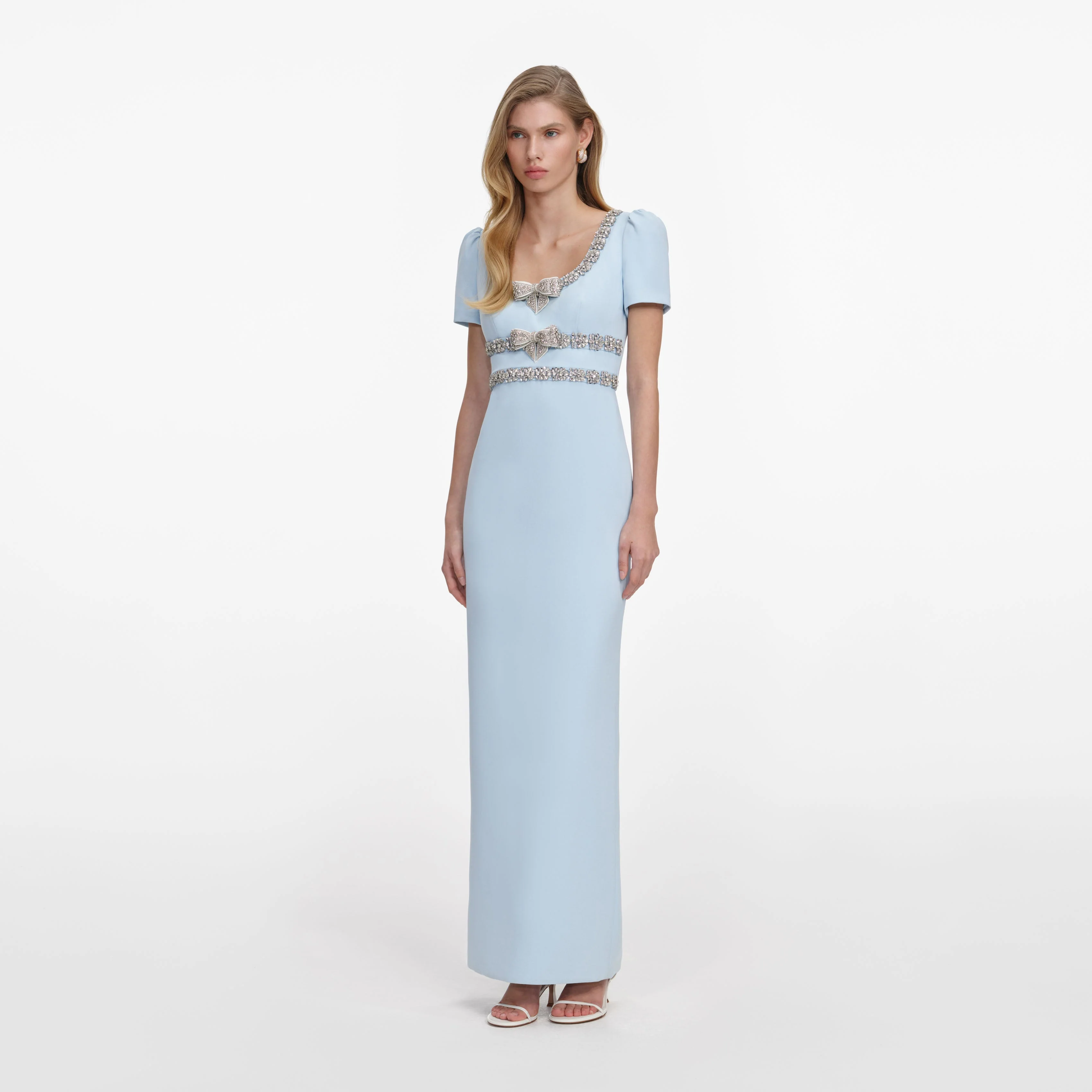 Blue Crepe Embellished Bow Maxi Dress - Image 2