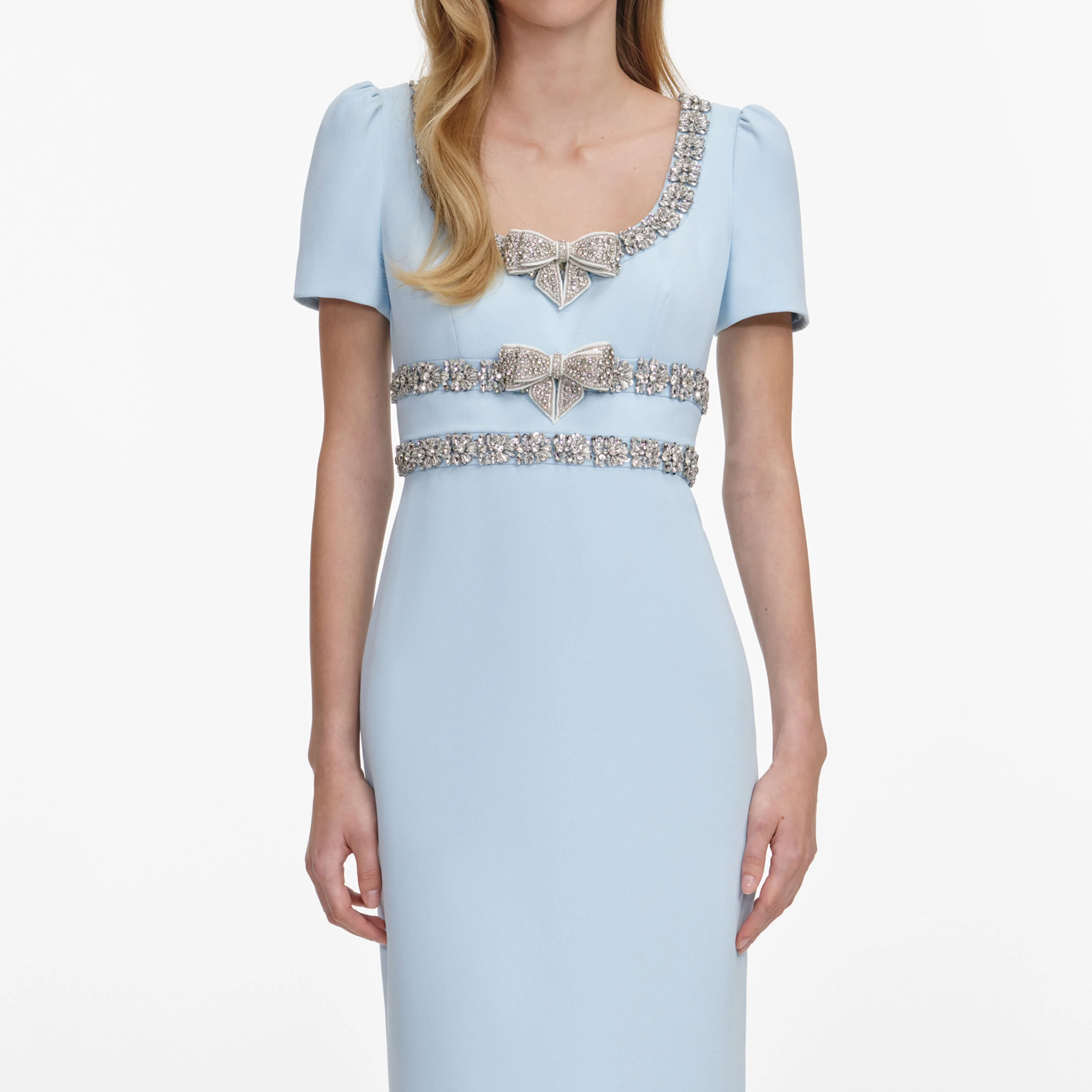 Blue Crepe Embellished Bow Maxi Dress - Image 4