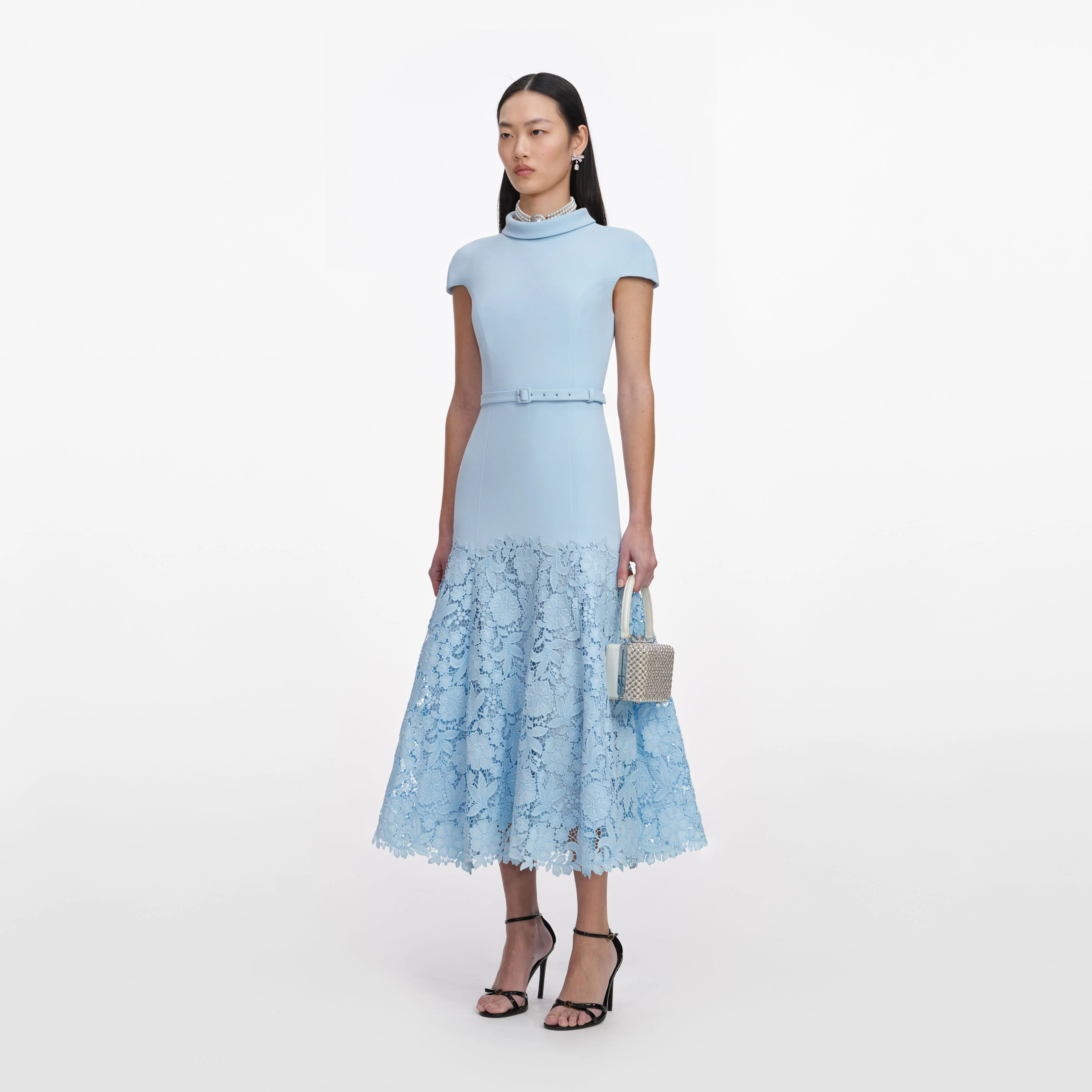 Blue Crepe Lace Midi Dress - Image 2