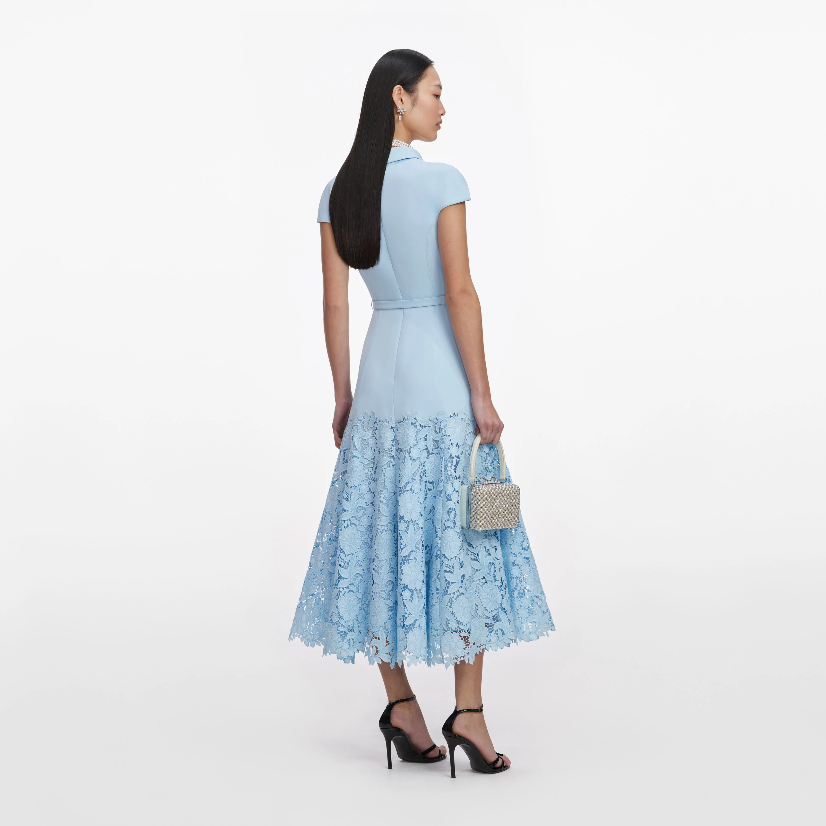 Blue Crepe Lace Midi Dress - Image 3