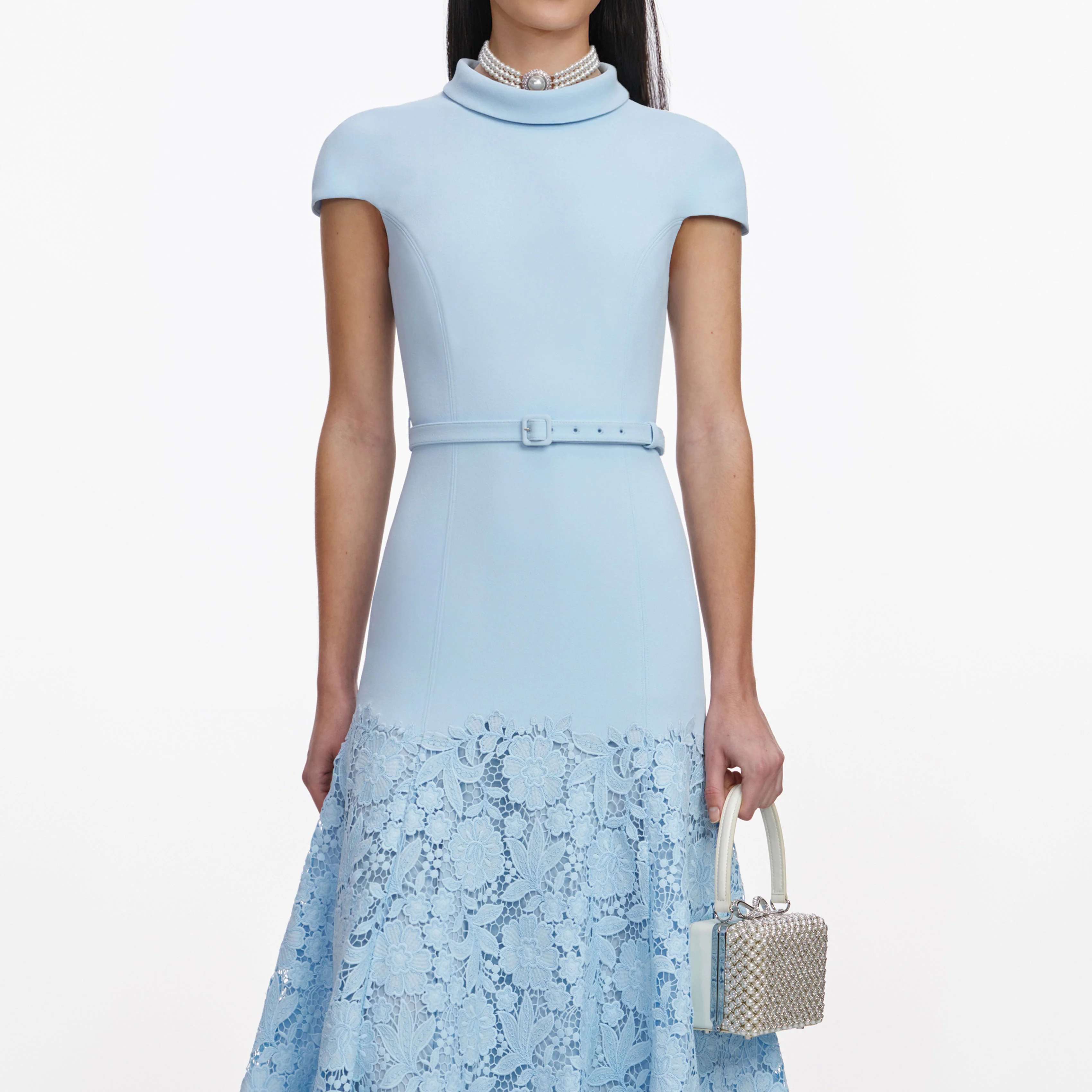 Blue Crepe Lace Midi Dress - Image 4