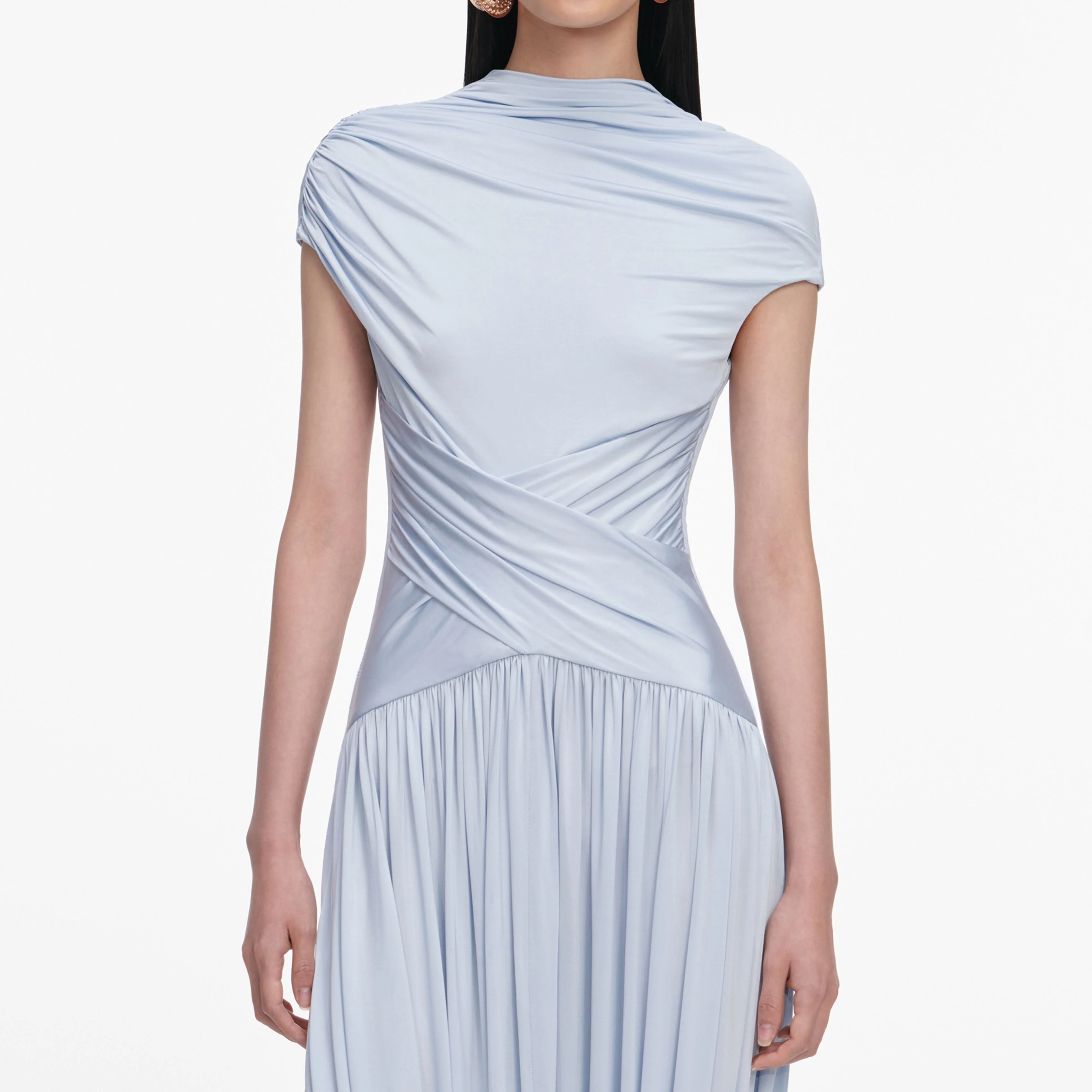 Blue Jersey Gathered Midi Dress - Image 4