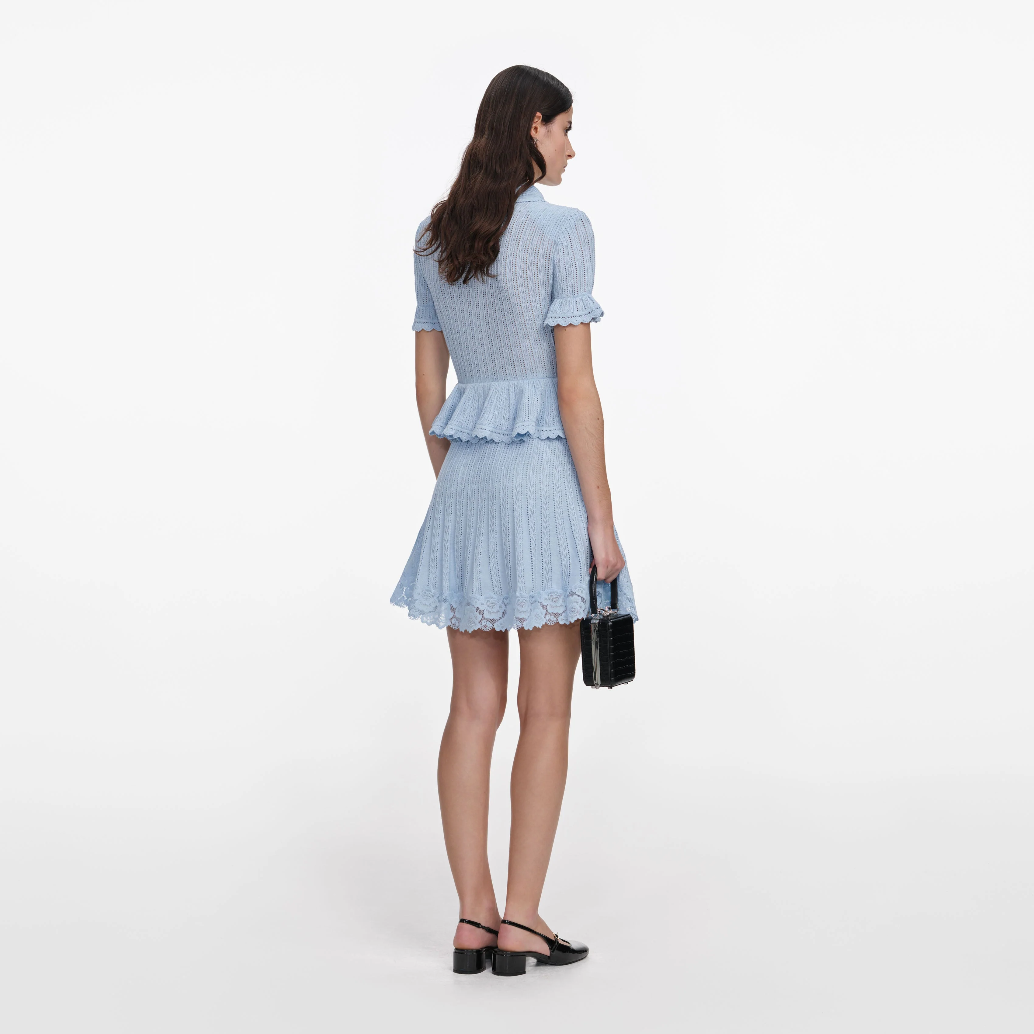 Blue Pointelle Peplum Knit Mini Dress - Image 3