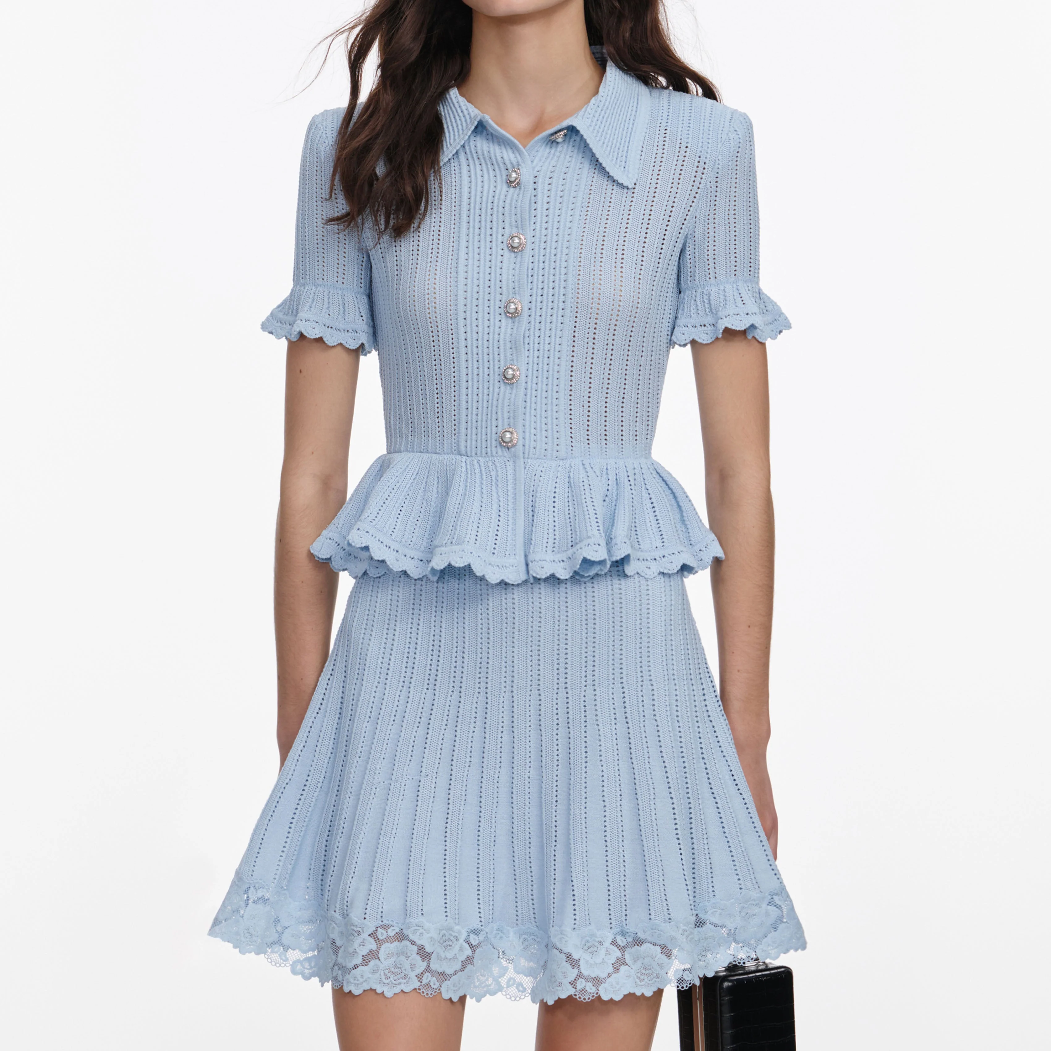 Blue Pointelle Peplum Knit Mini Dress - Image 4