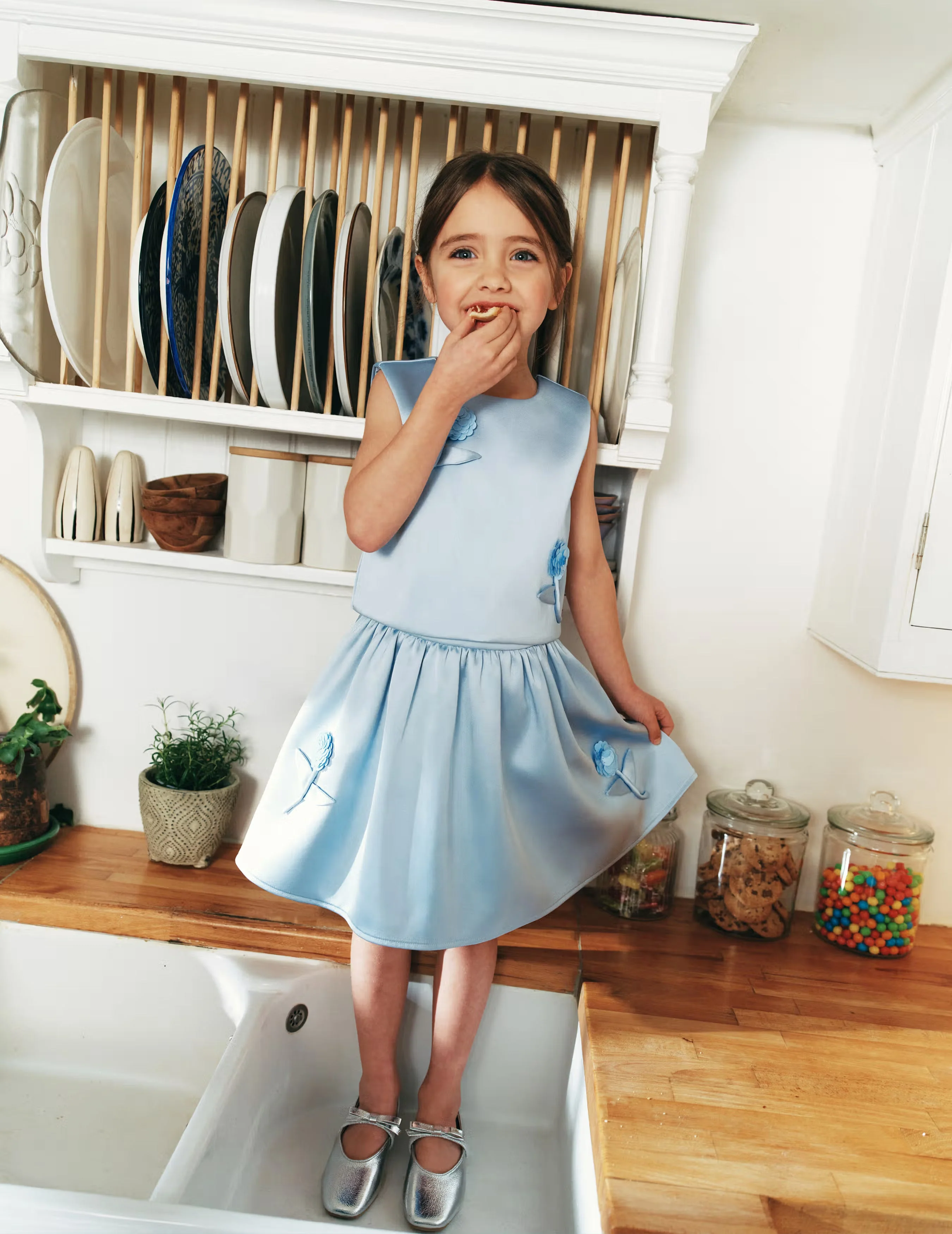 Blue Satin Sequin Flower Skirt - Image 3