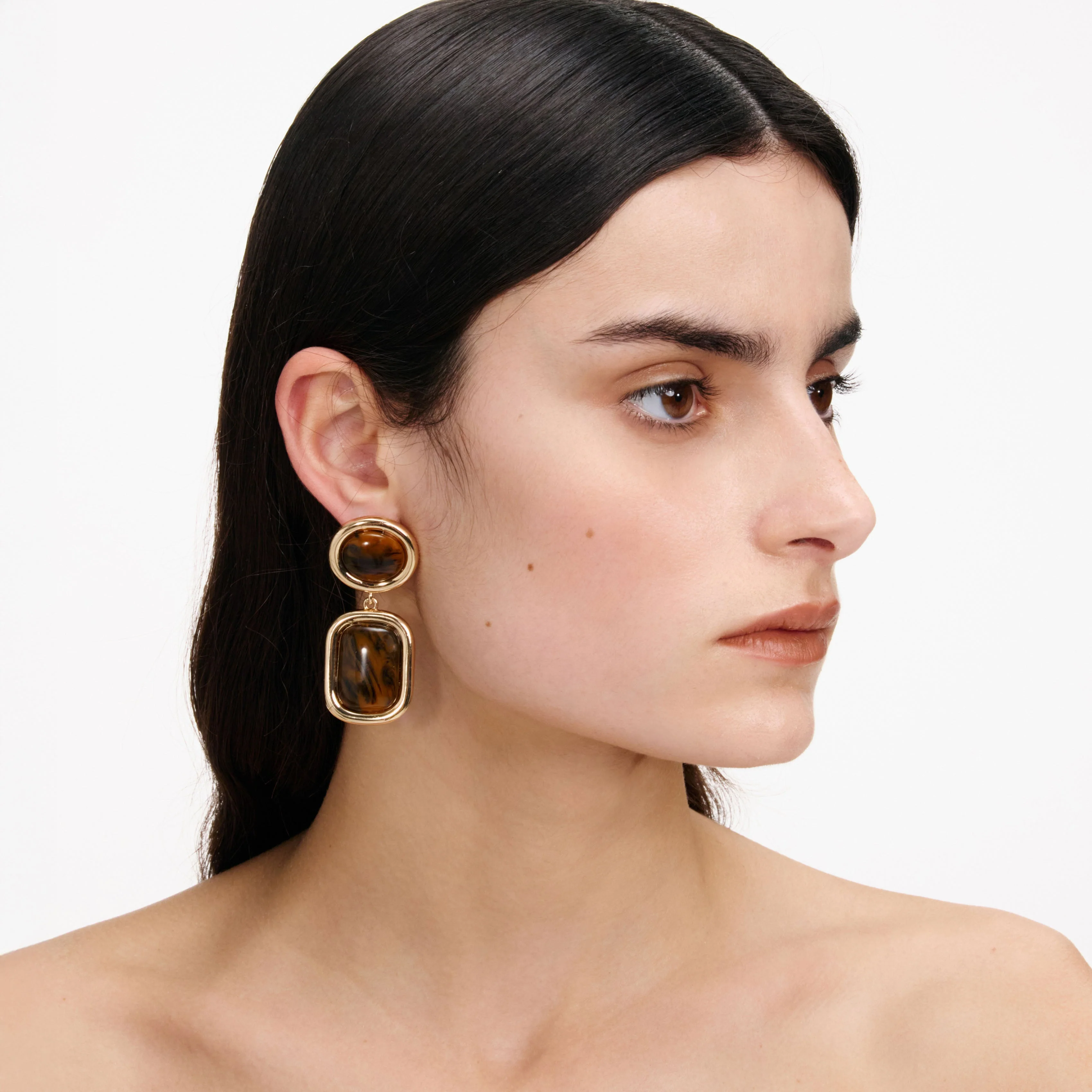 Brown Enamel Gold Tiered Earrings - Image 2