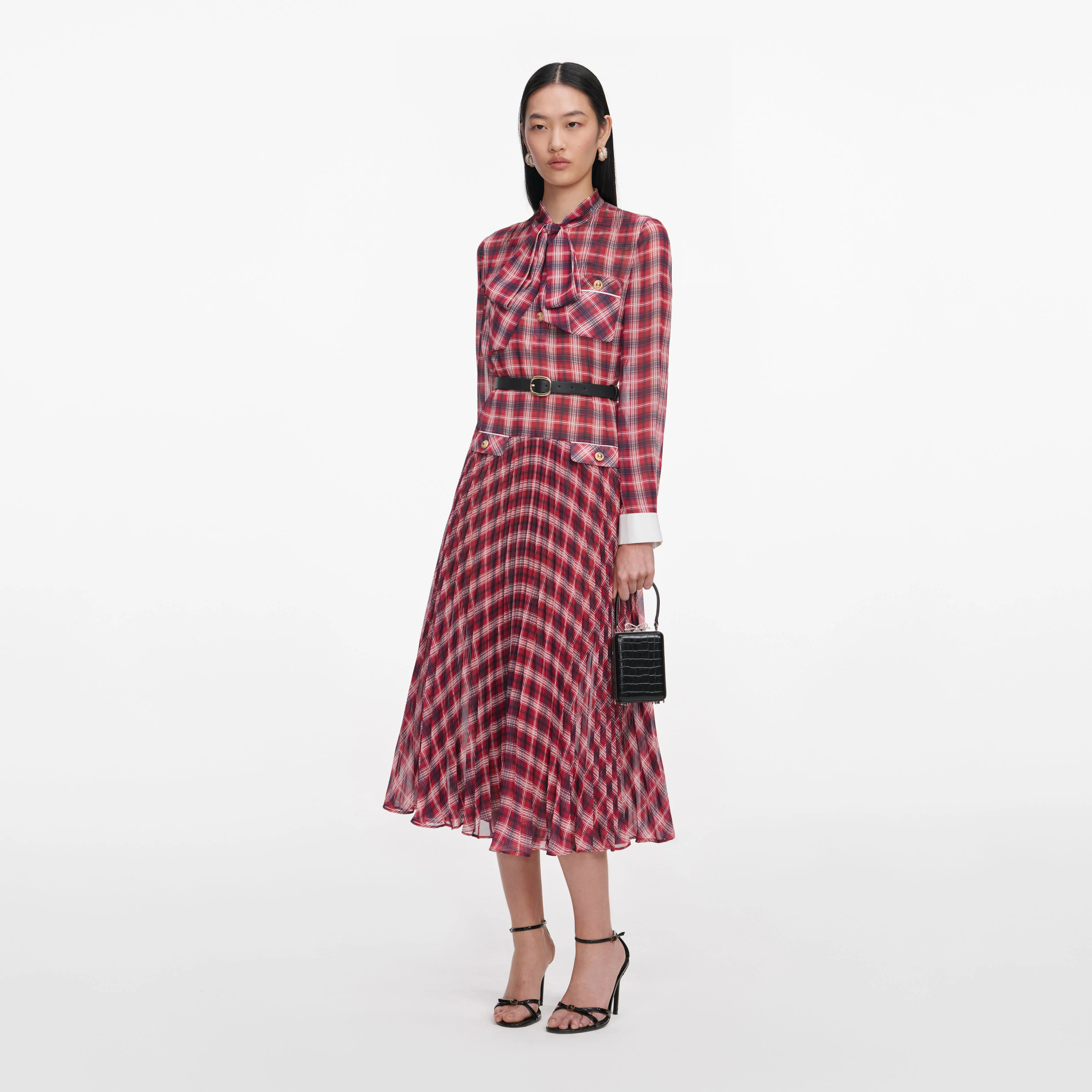 Burgundy Check Chiffon Midi Dress - Image 2