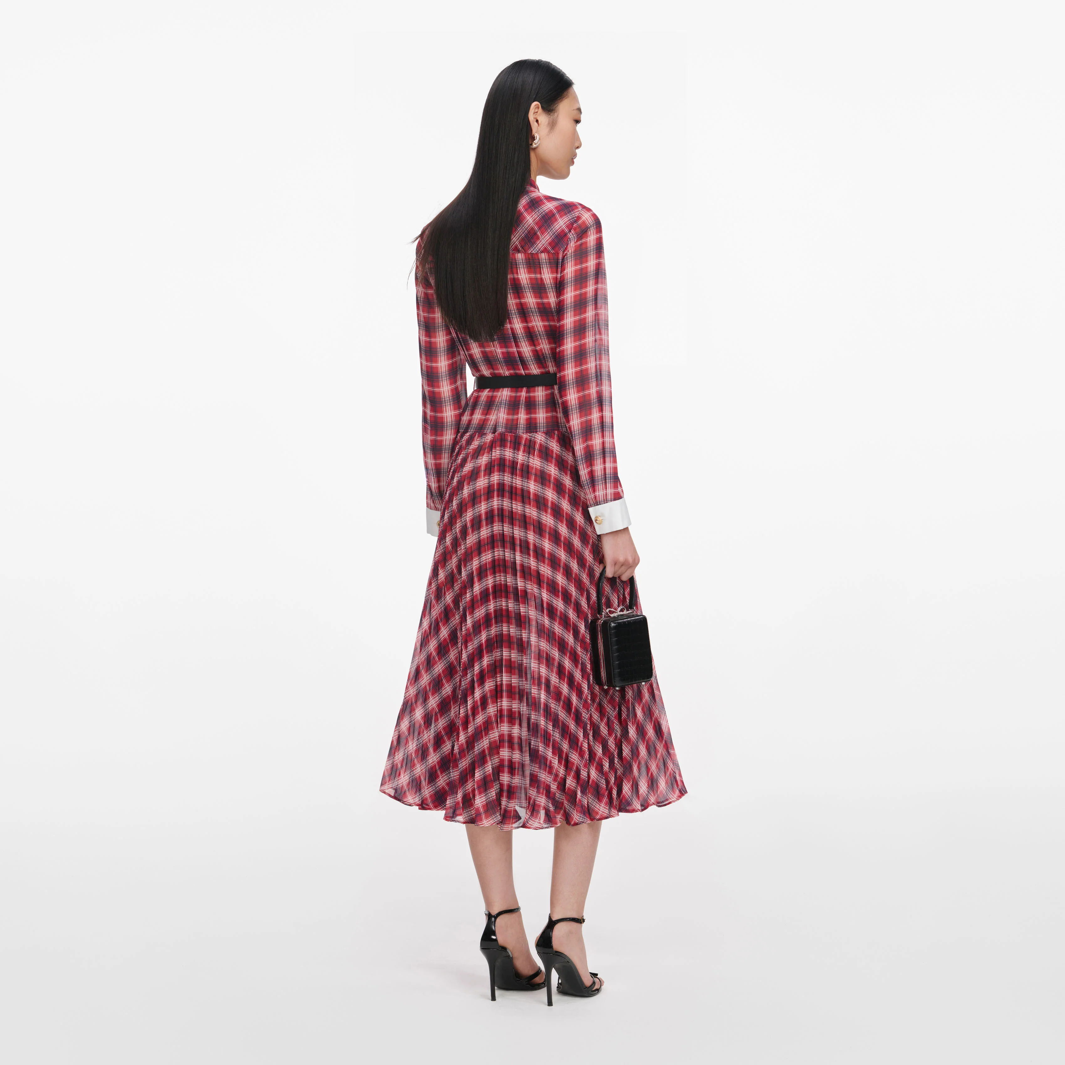Burgundy Check Chiffon Midi Dress - Image 3