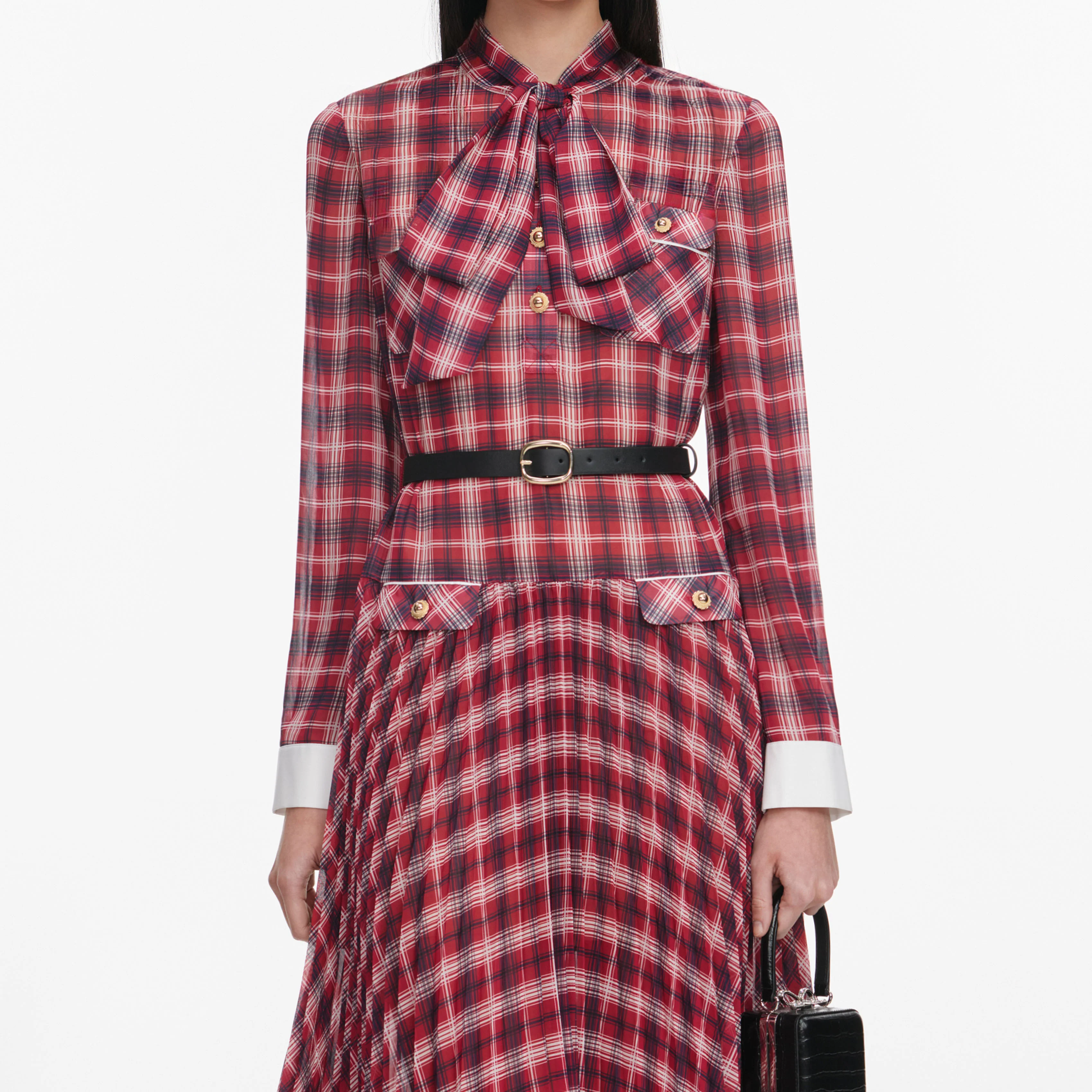 Burgundy Check Chiffon Midi Dress - Image 4