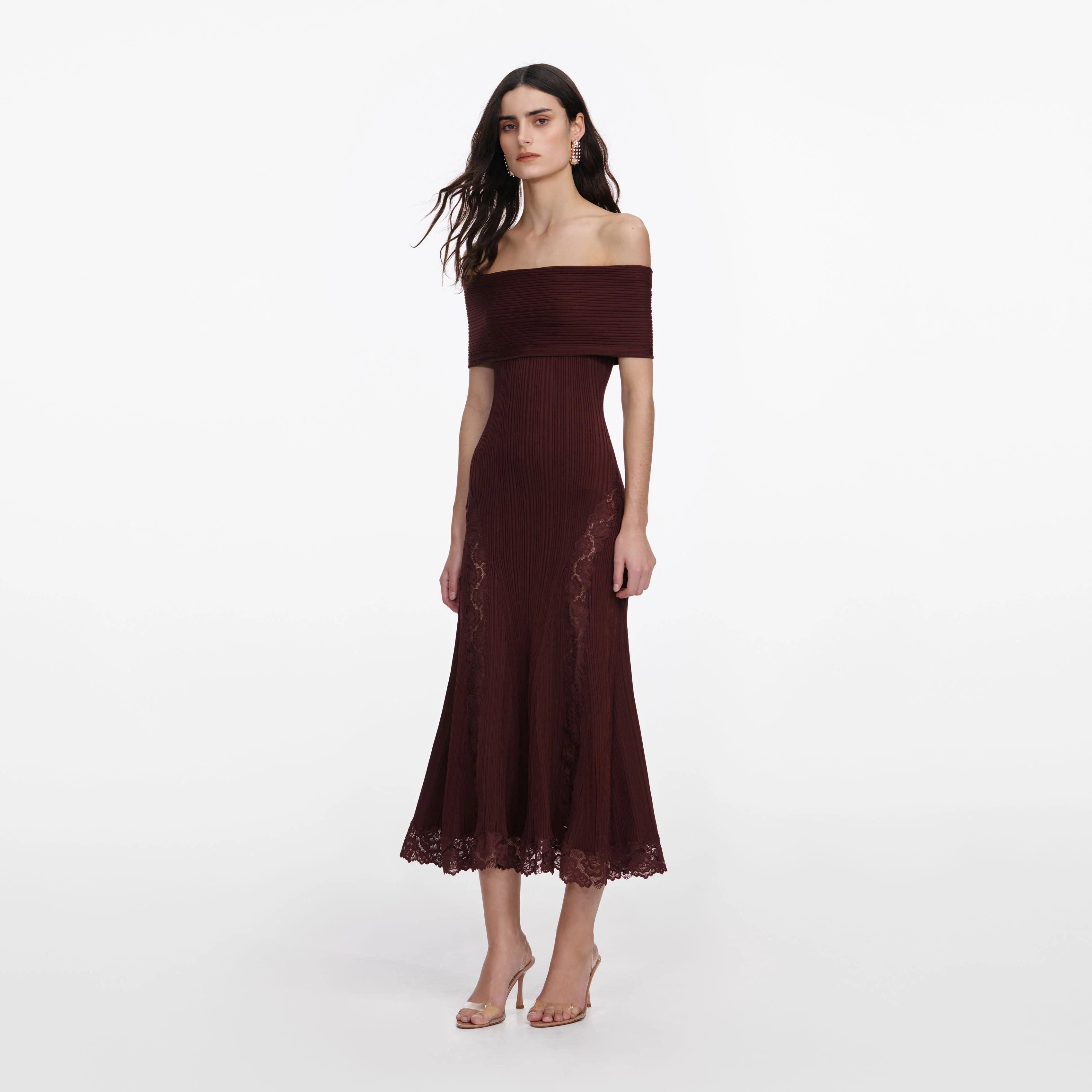 Burgundy Knit Lace Insert Midi Dress - Image 2