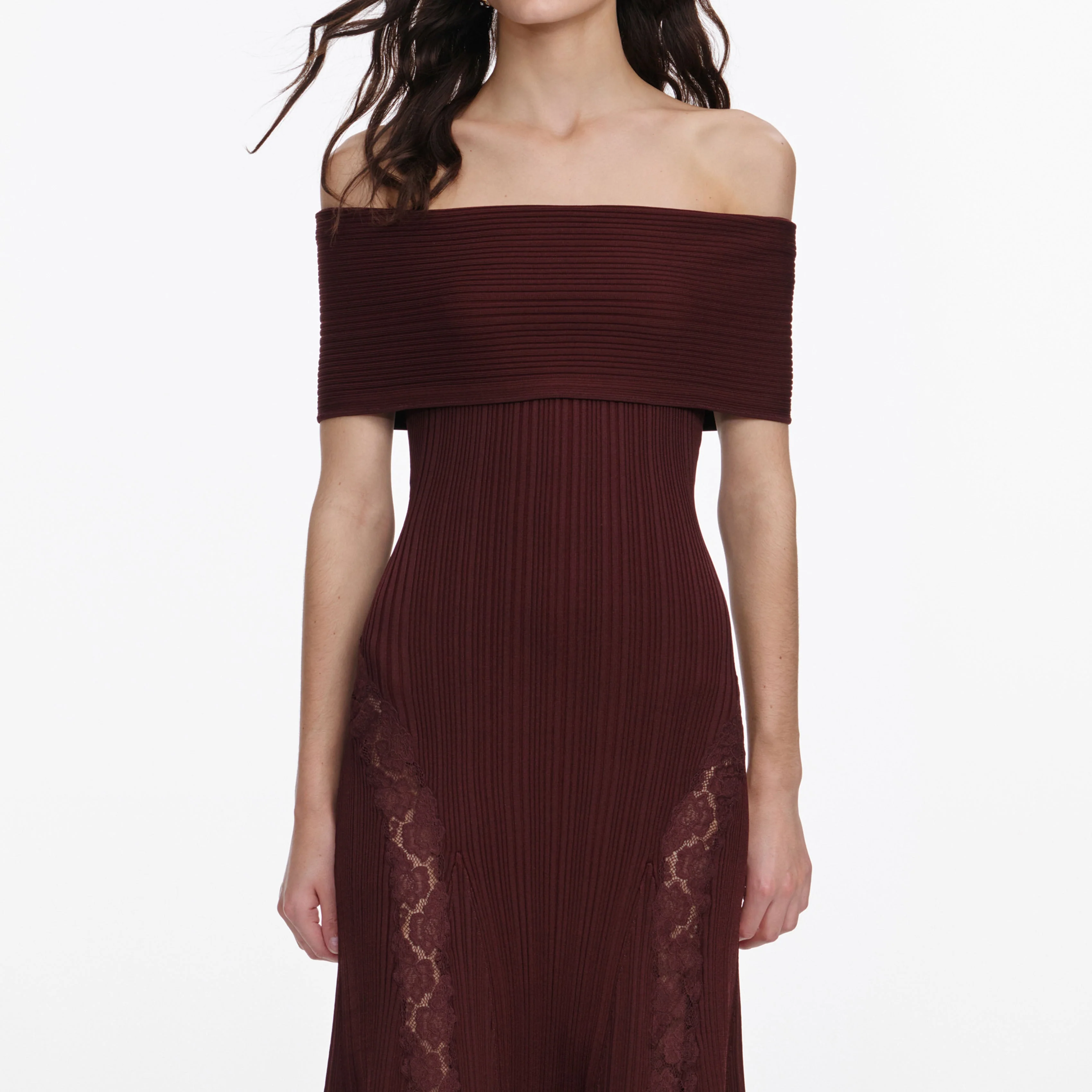 Burgundy Knit Lace Insert Midi Dress - Image 4