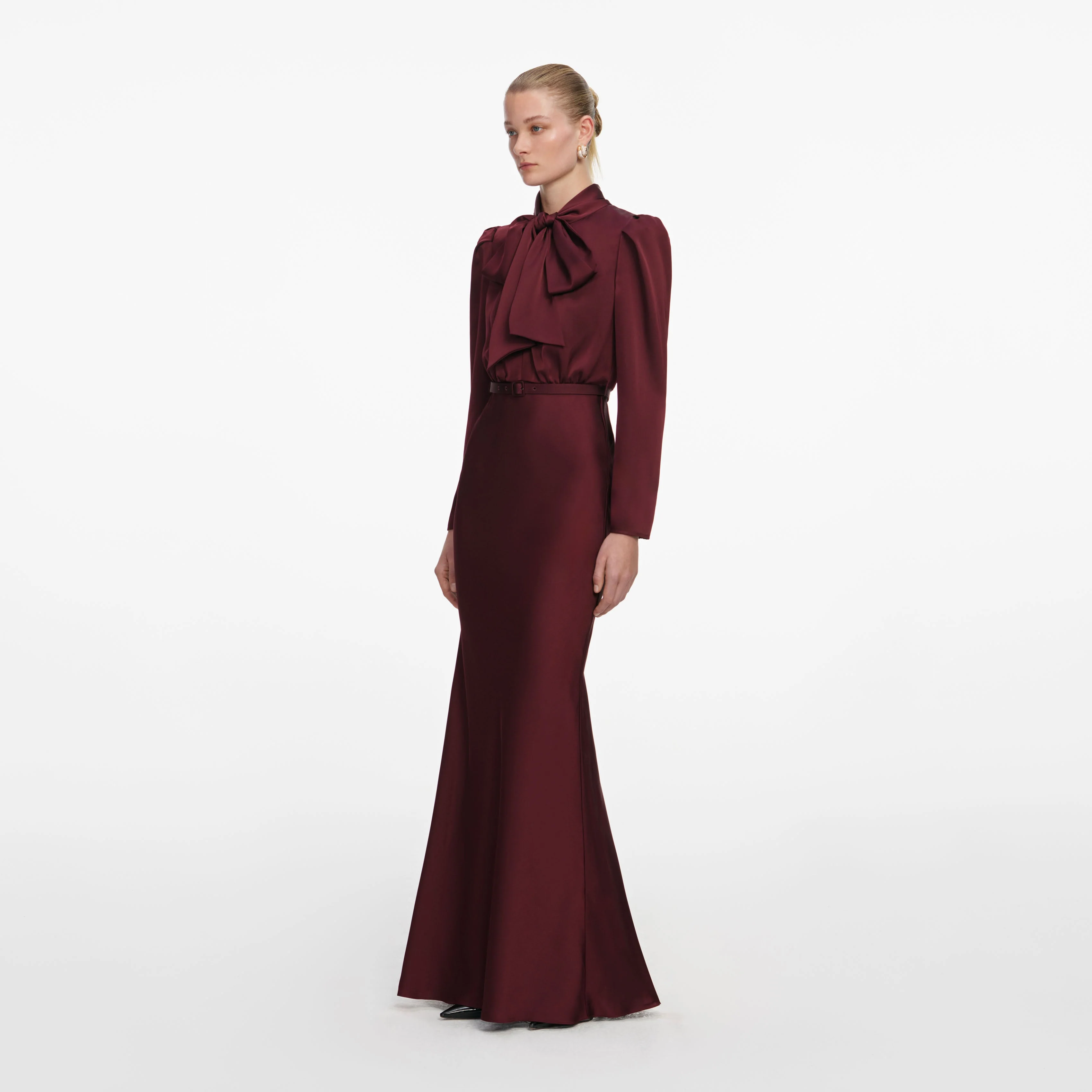 Burgundy Tie Neck Satin Maxi Dress - Image 2