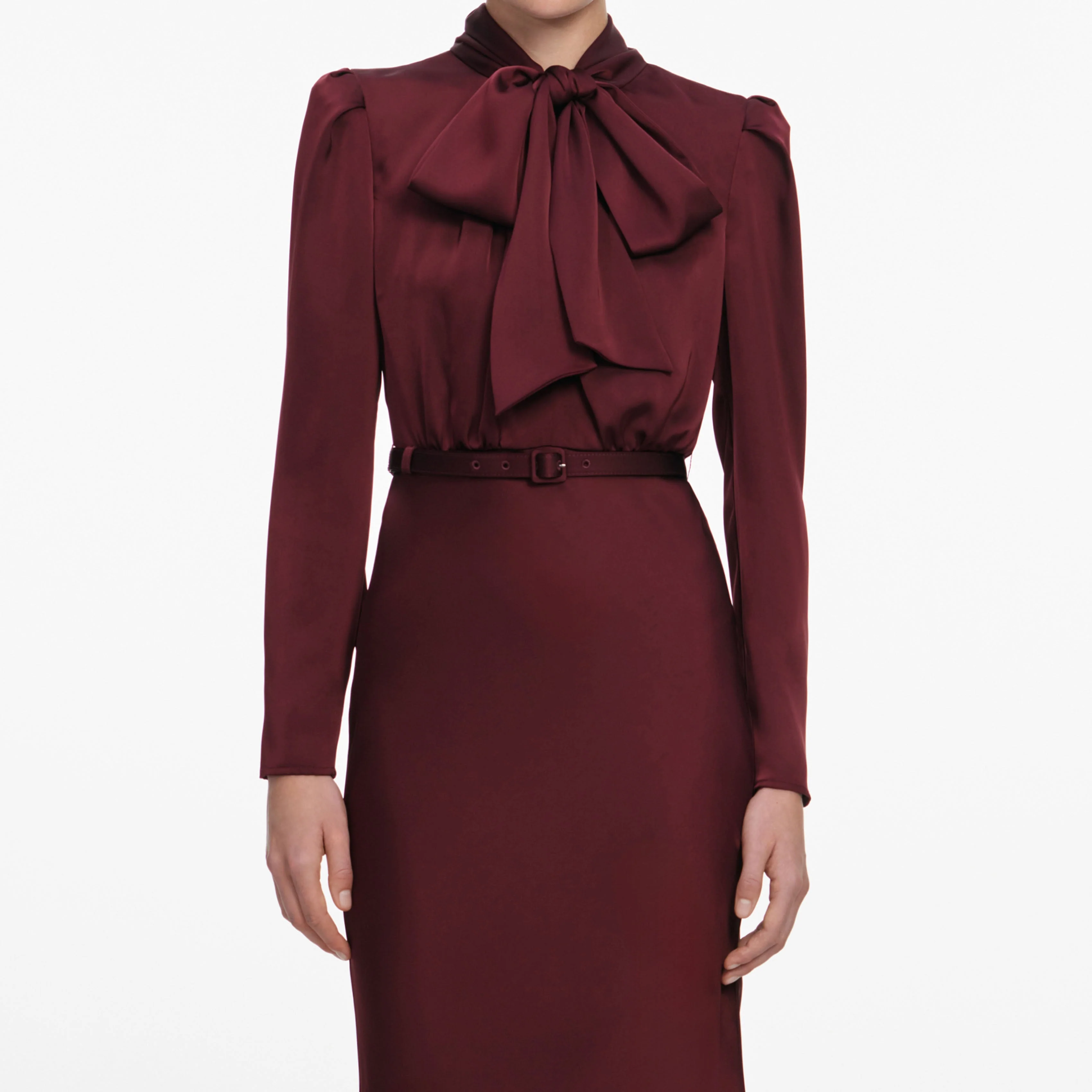 Burgundy Tie Neck Satin Maxi Dress - Image 4