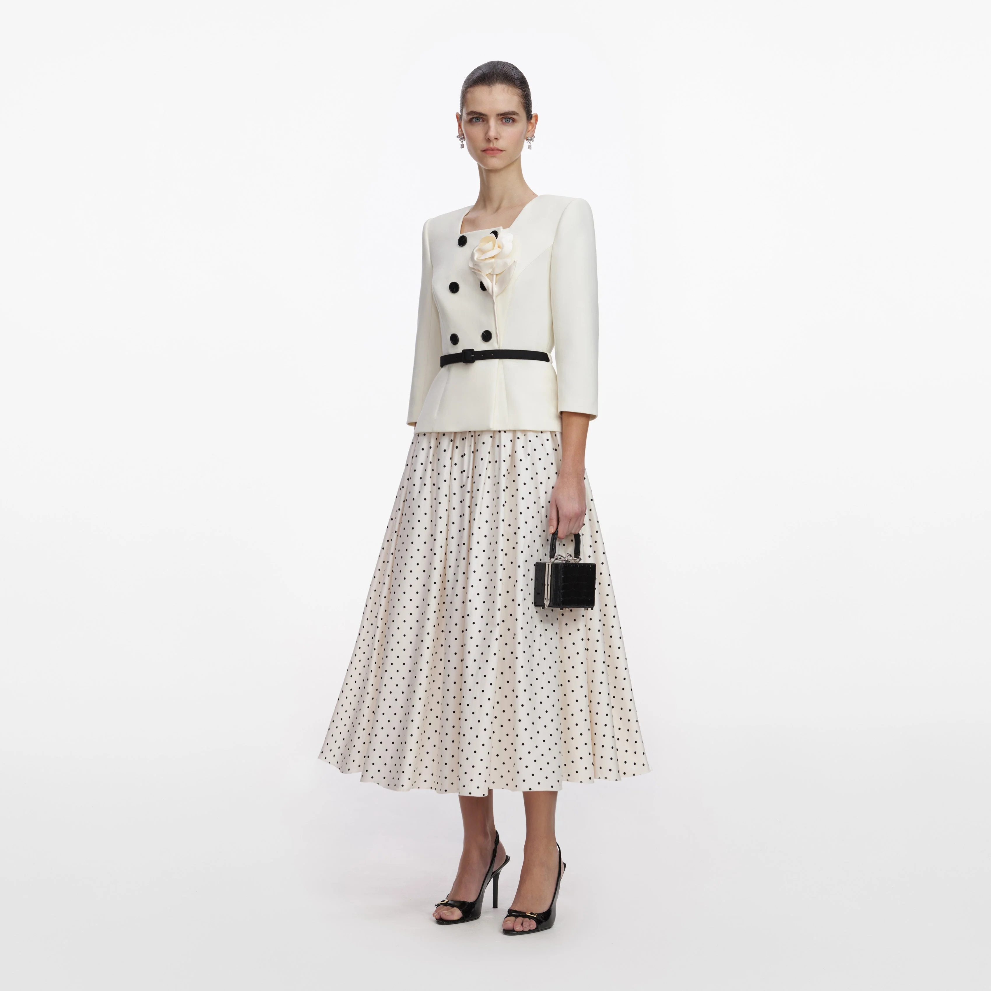 Cream 3D Flower Polka Dot Midi Dress - Image 2
