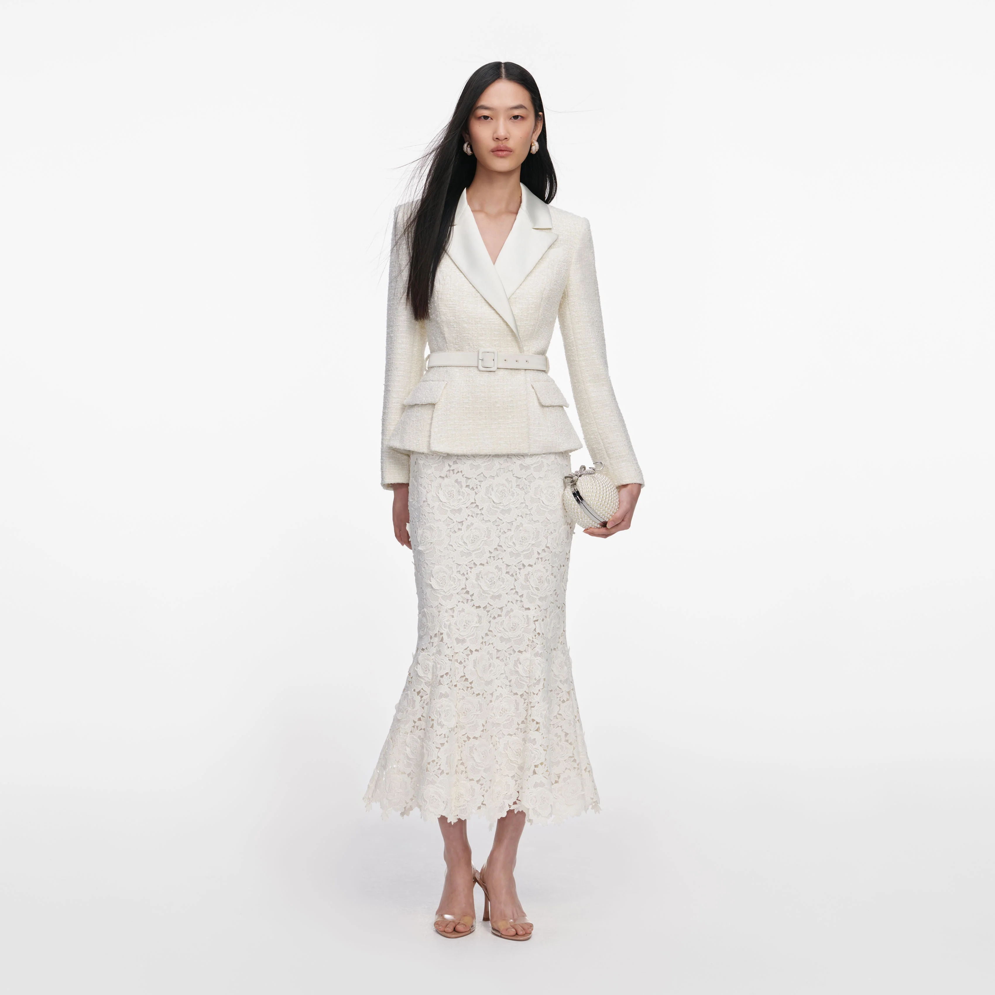 Cream Boucle Flower Lace Midi Dress