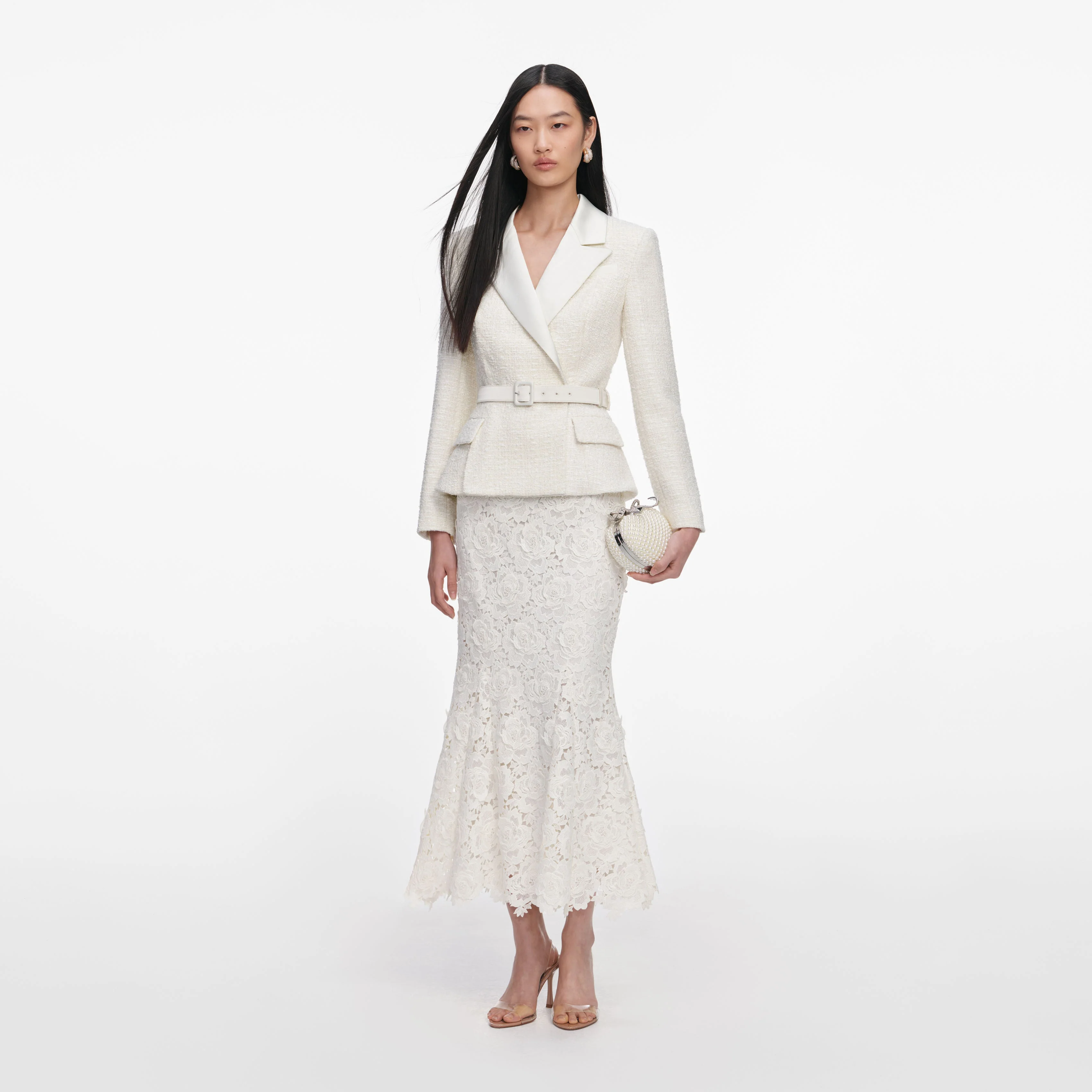 Cream Boucle Flower Lace Midi Dress - Image 2