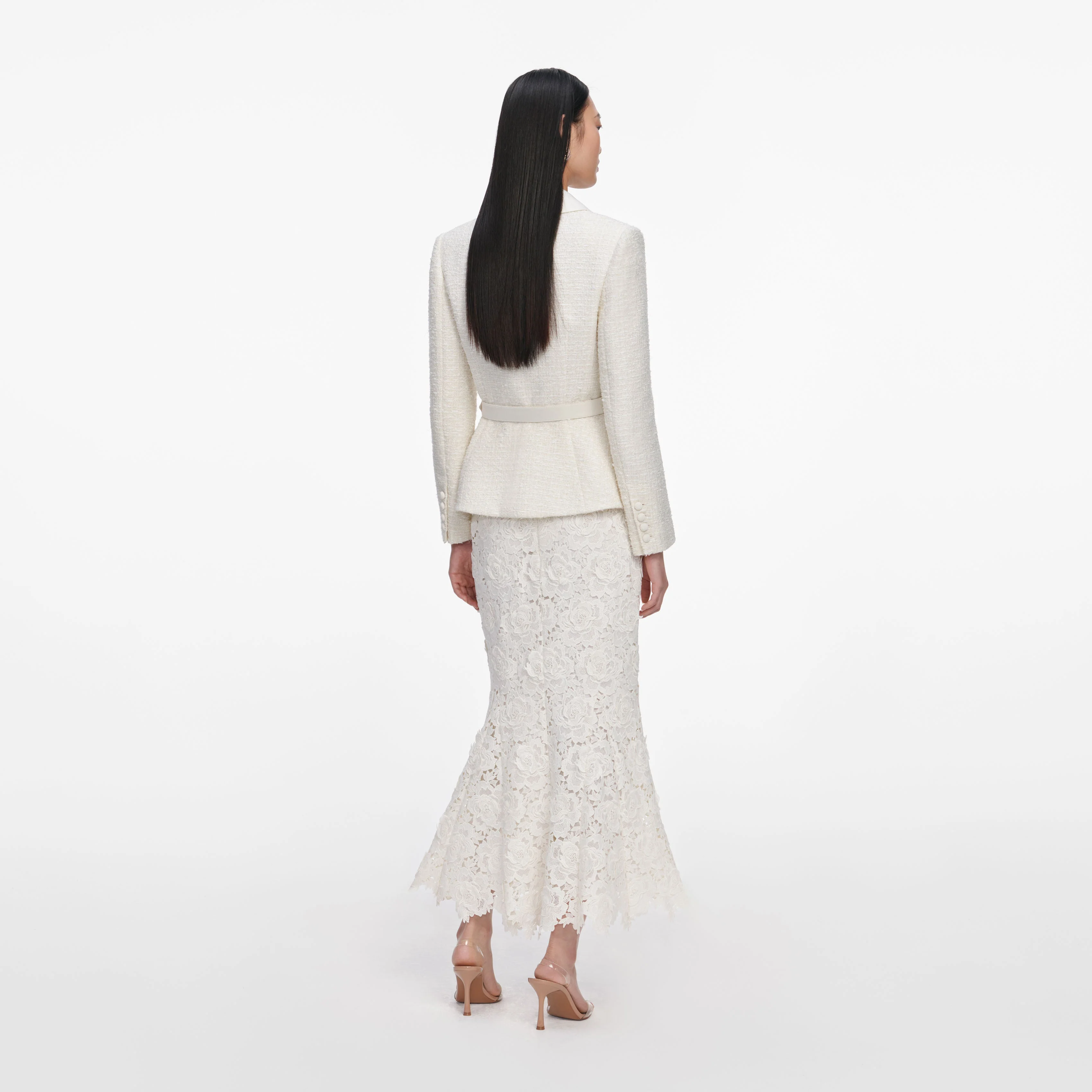 Cream Boucle Flower Lace Midi Dress - Image 3