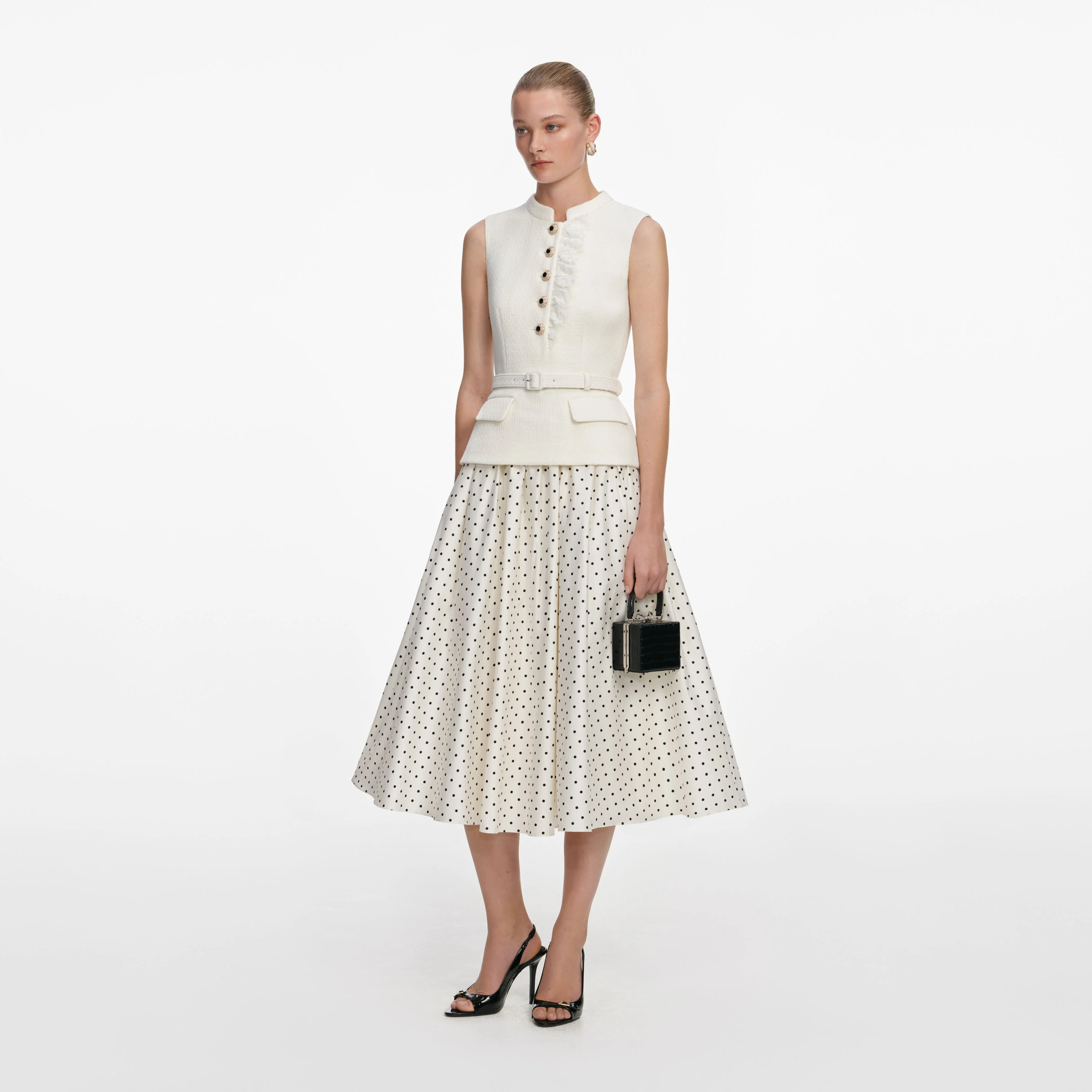 Cream Boucle Polka Dot Midi Dress - Image 2