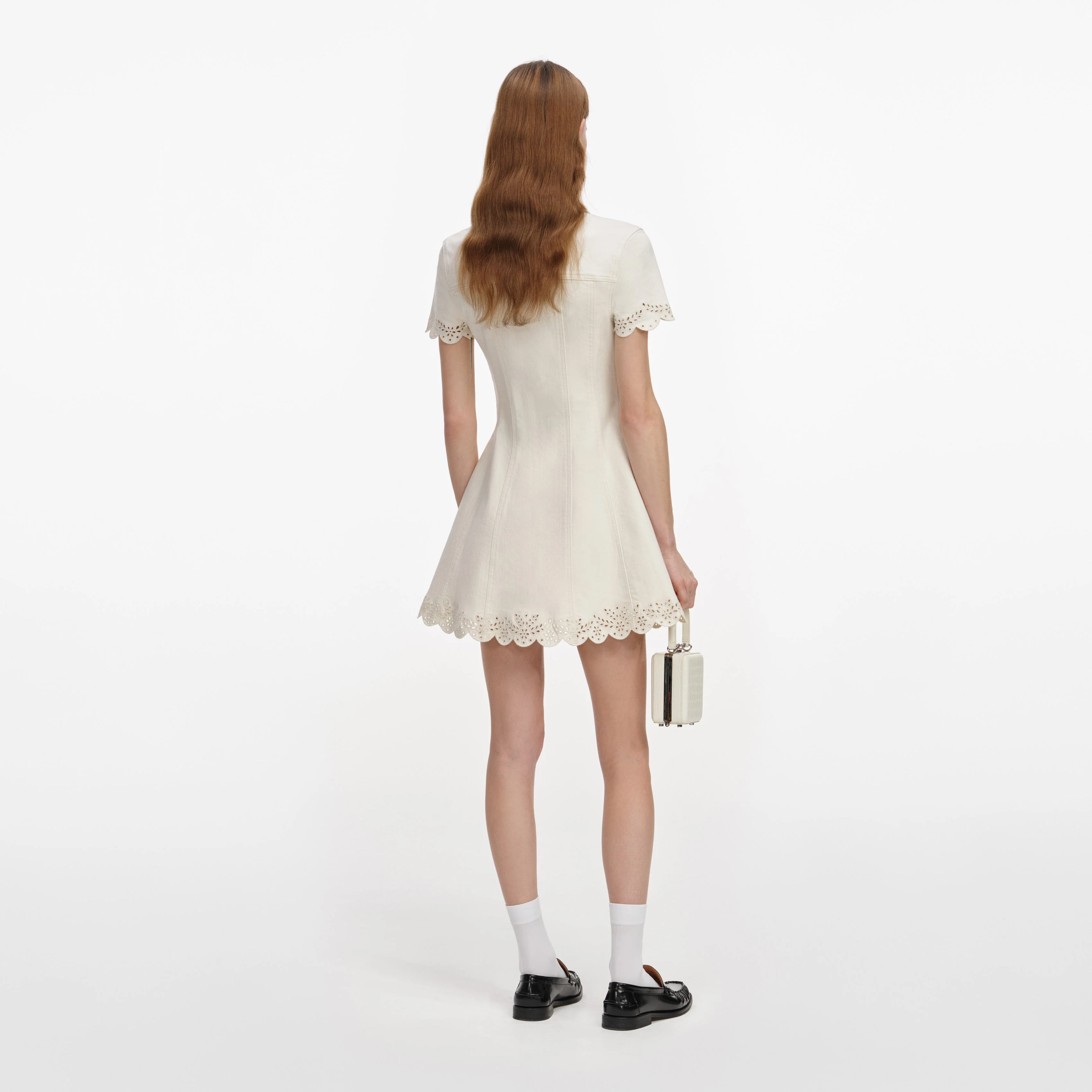Cream Broderie Collared Denim Mini Dress - Image 3