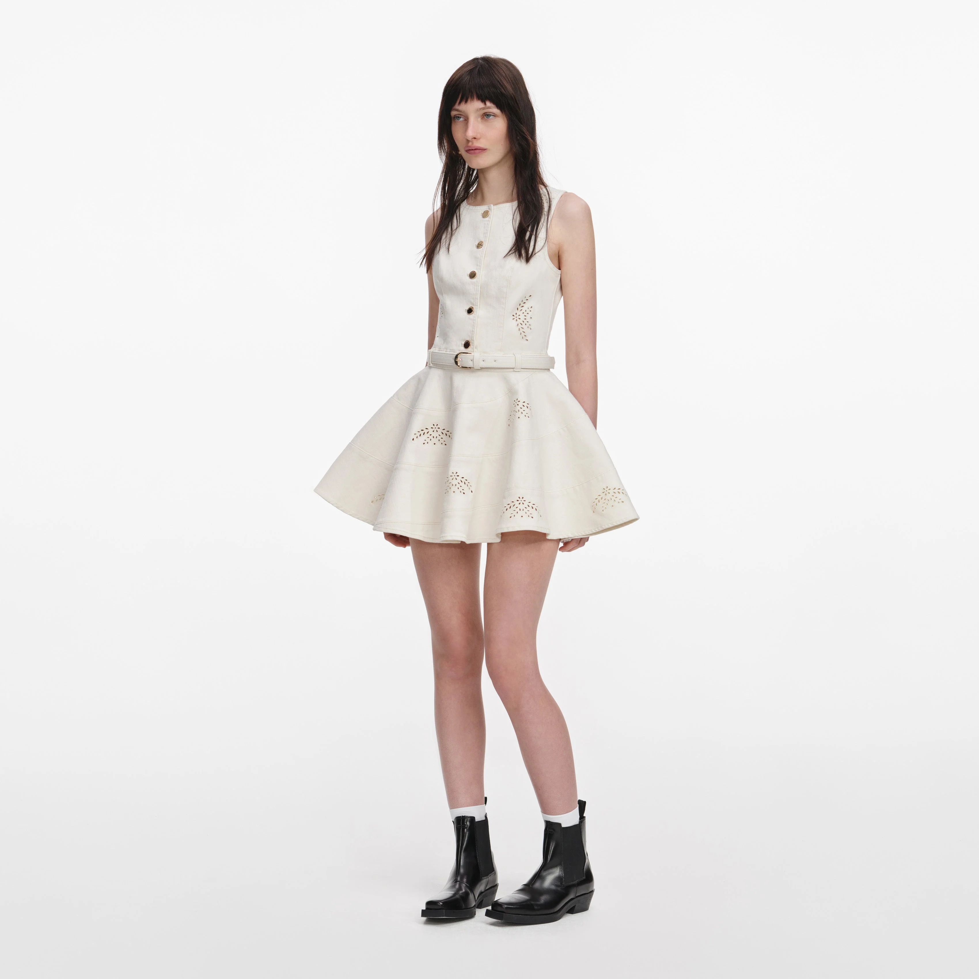 Cream Broderie Denim Sleeveless Mini Dress - Image 2