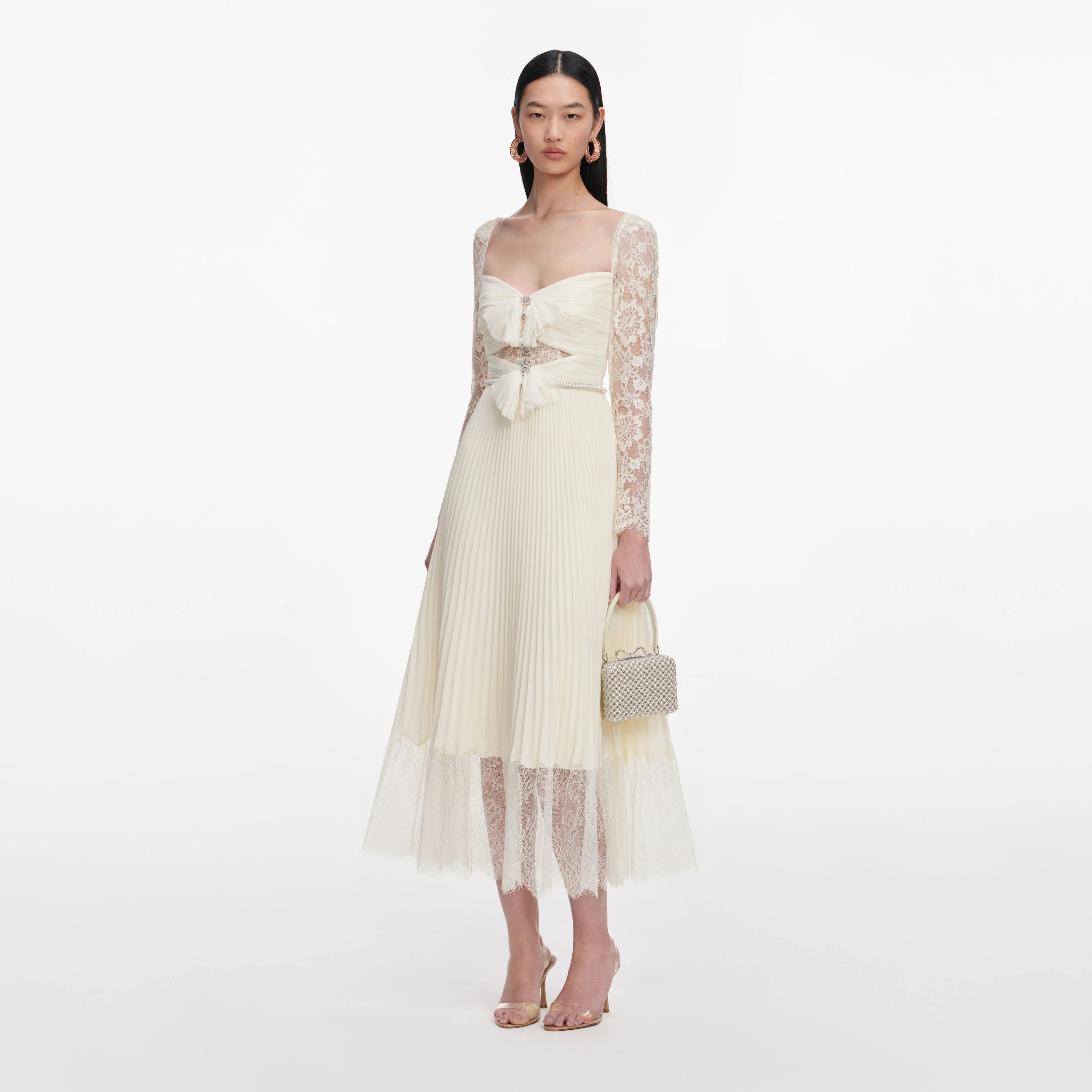 Cream Chiffon Lace Midi Dress - Image 2