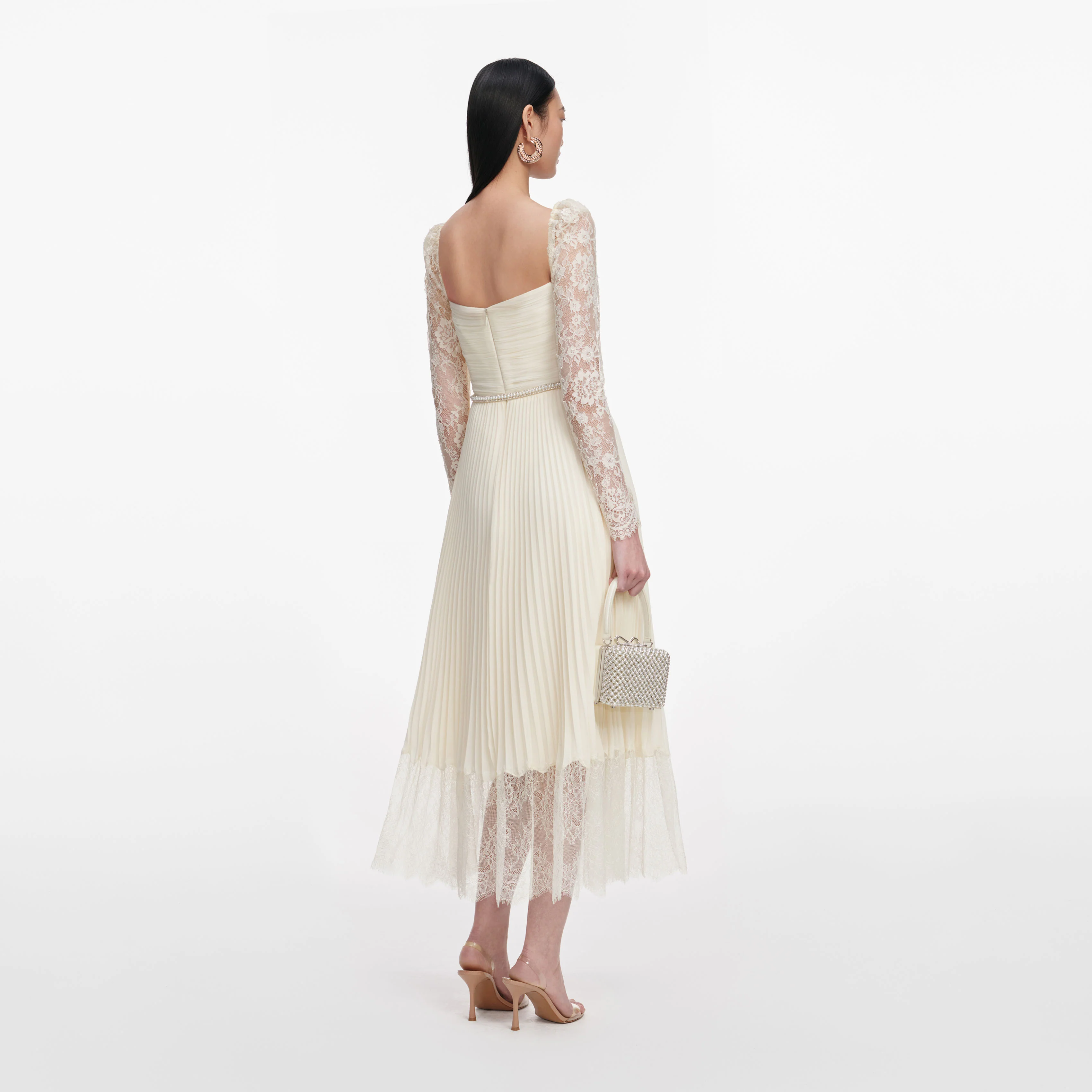 Cream Chiffon Lace Midi Dress - Image 3