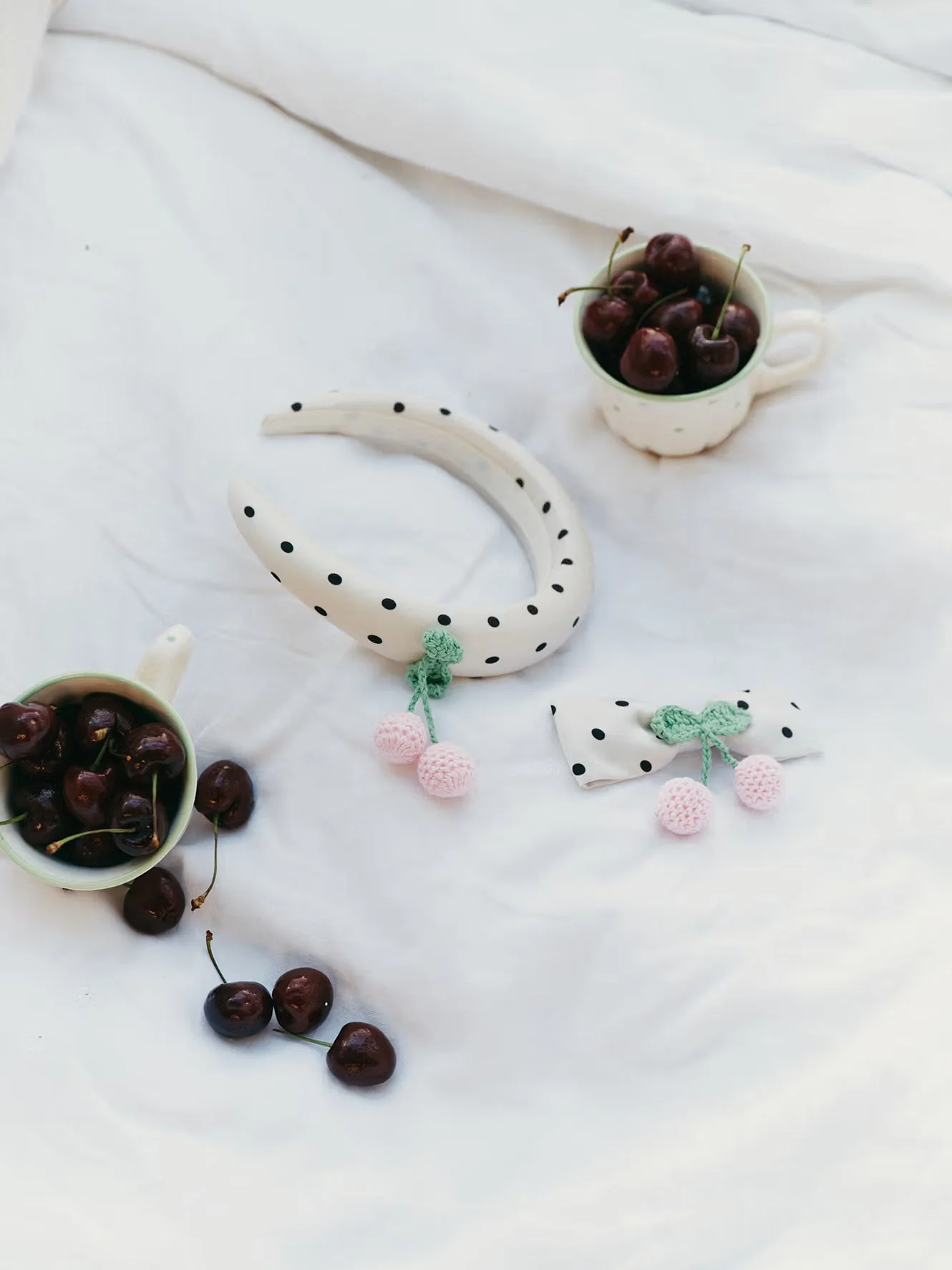 Cream Polka Dot Cherry Motif Headband - Image 4