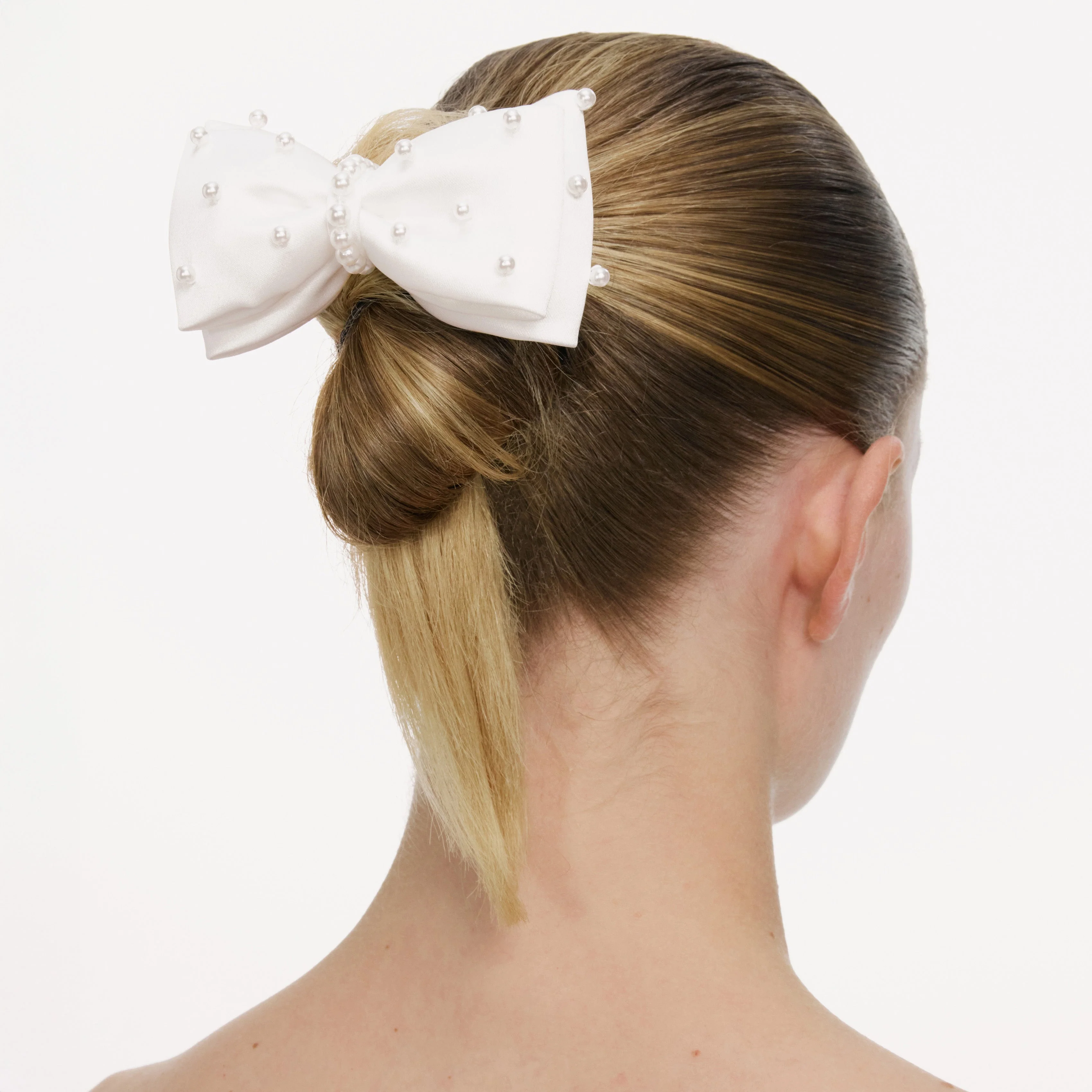 Cream Satin Pearl Bow Hair Clip - Image 3