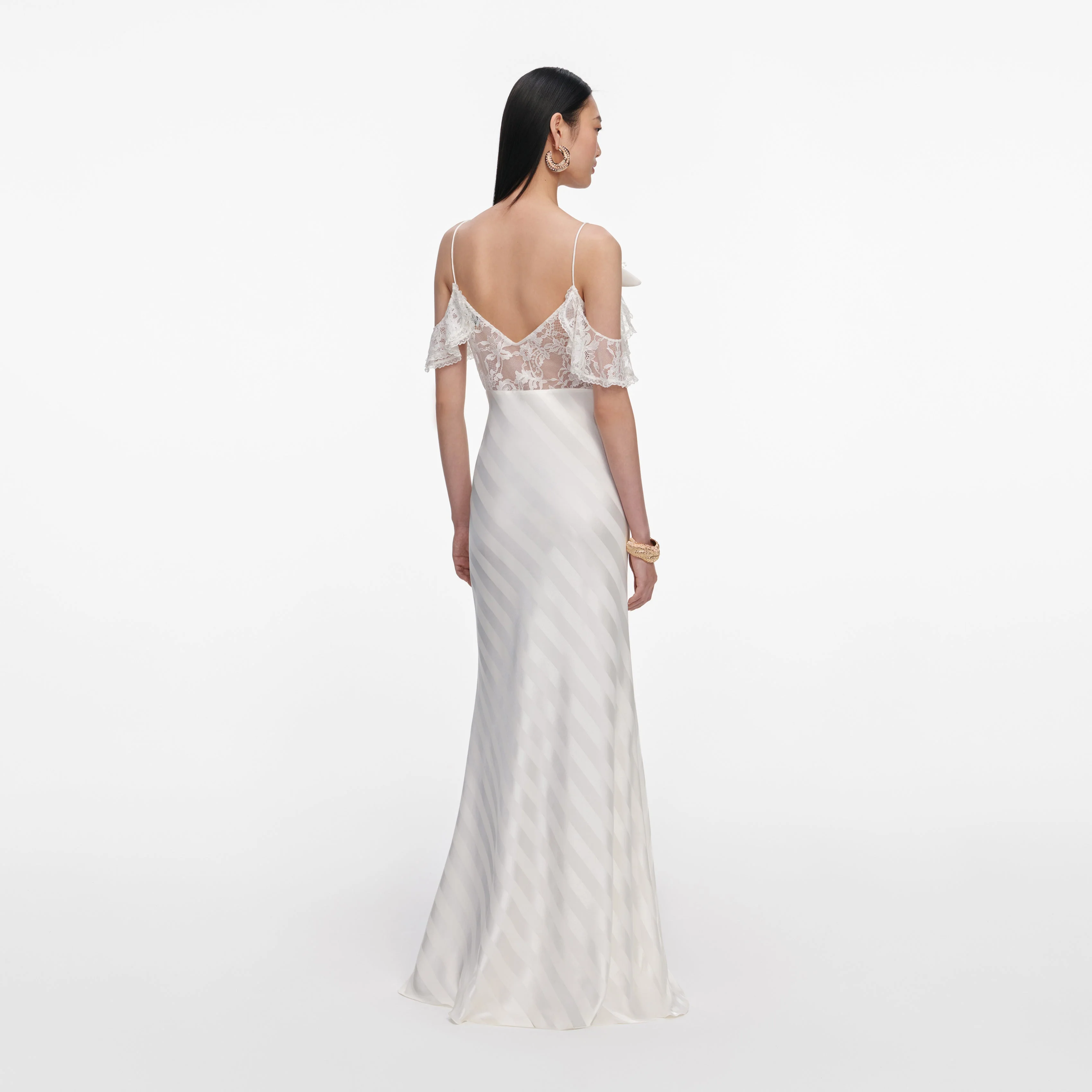 Cream Satin Striped Maxi Dress - Image 3