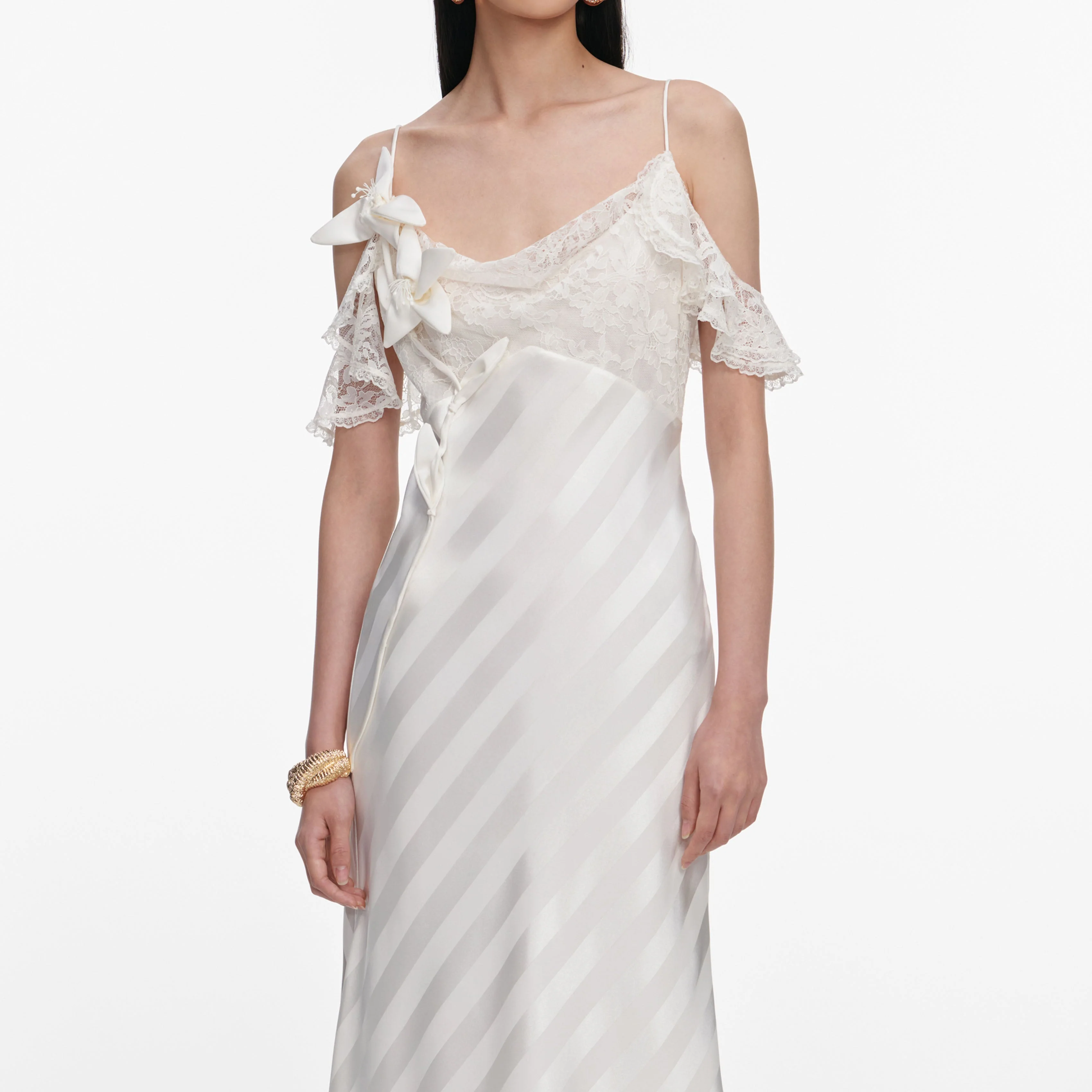 Cream Satin Striped Maxi Dress - Image 4