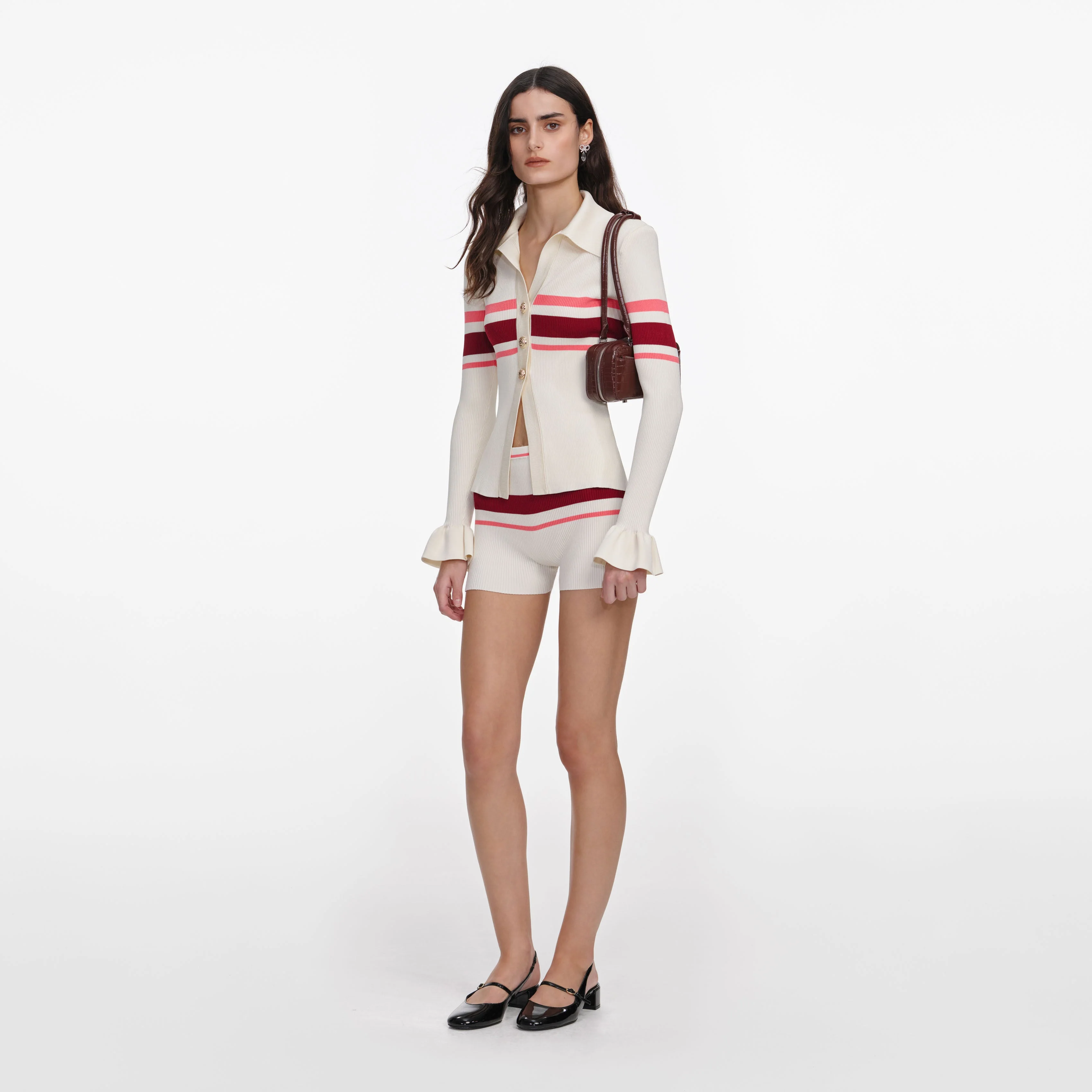 Cream Stripe Viscose Knit Button Top - Image 2