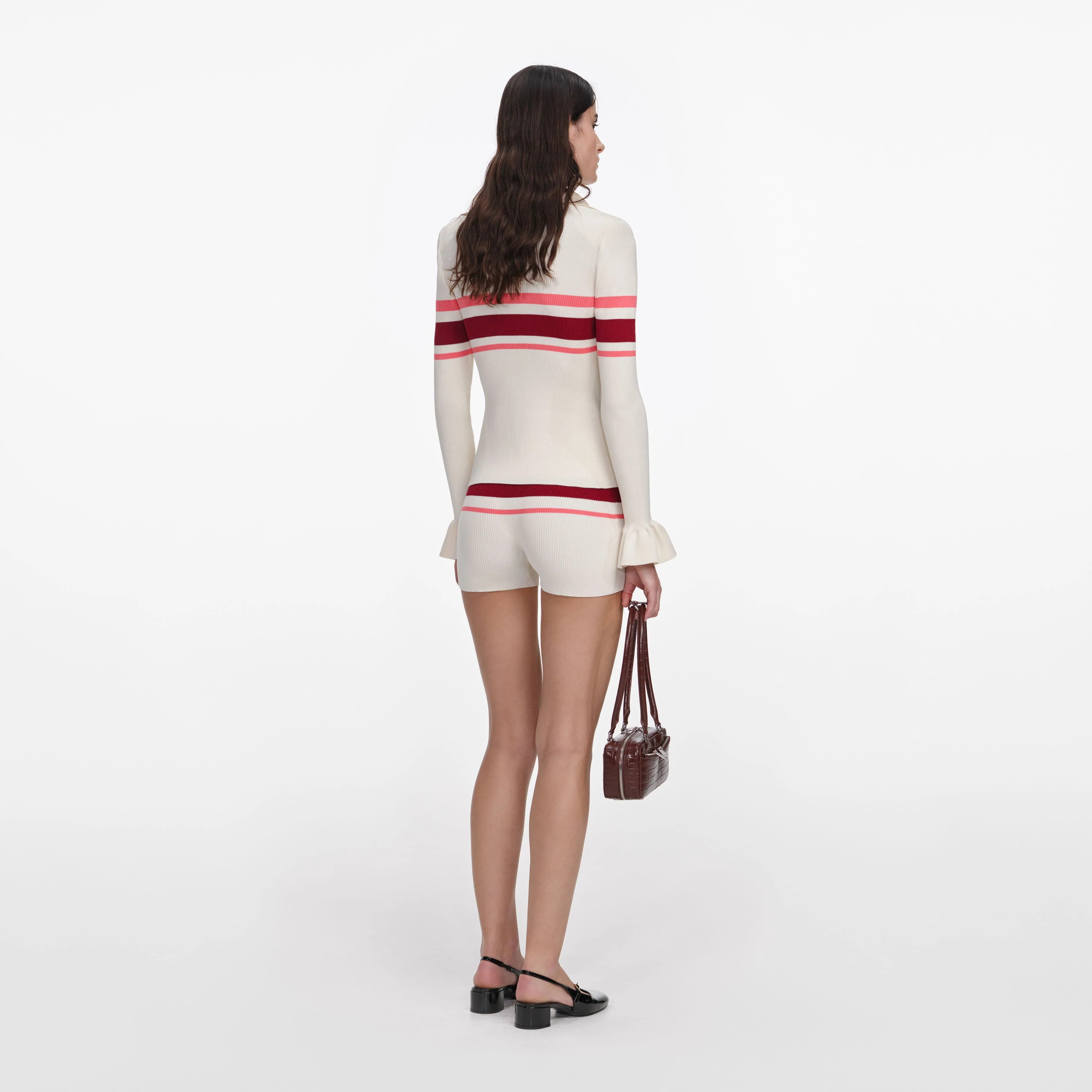 Cream Stripe Viscose Knit Button Top - Image 3
