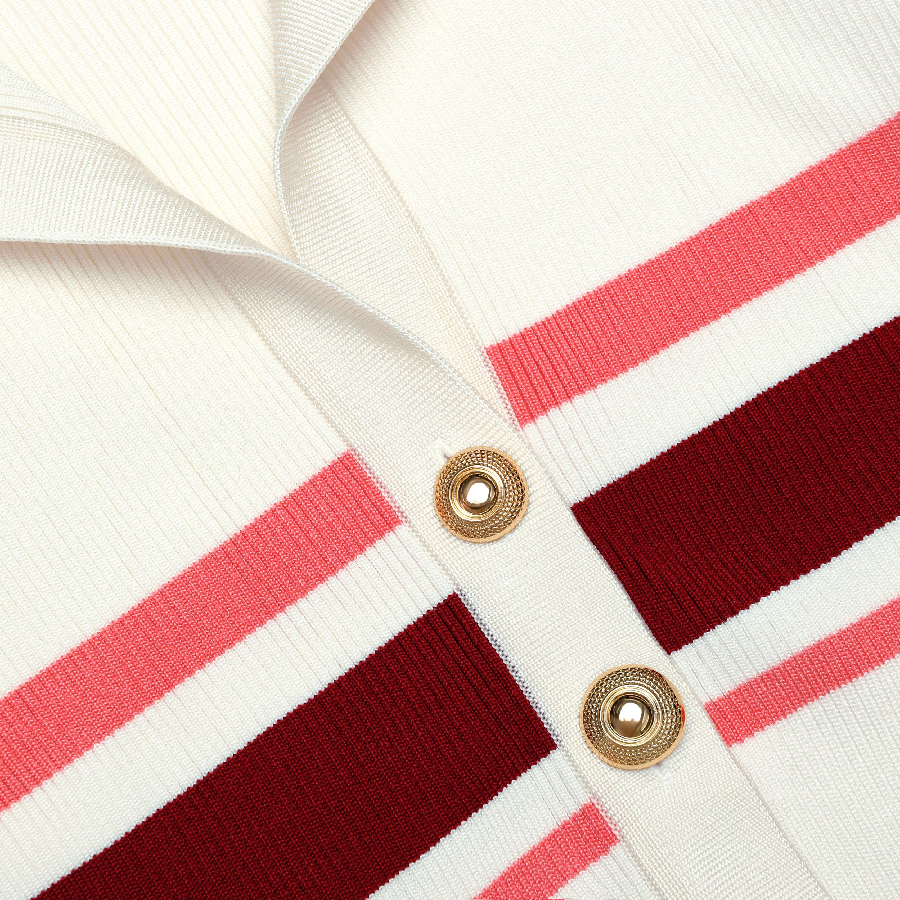 Cream Stripe Viscose Knit Button Top - Image 5