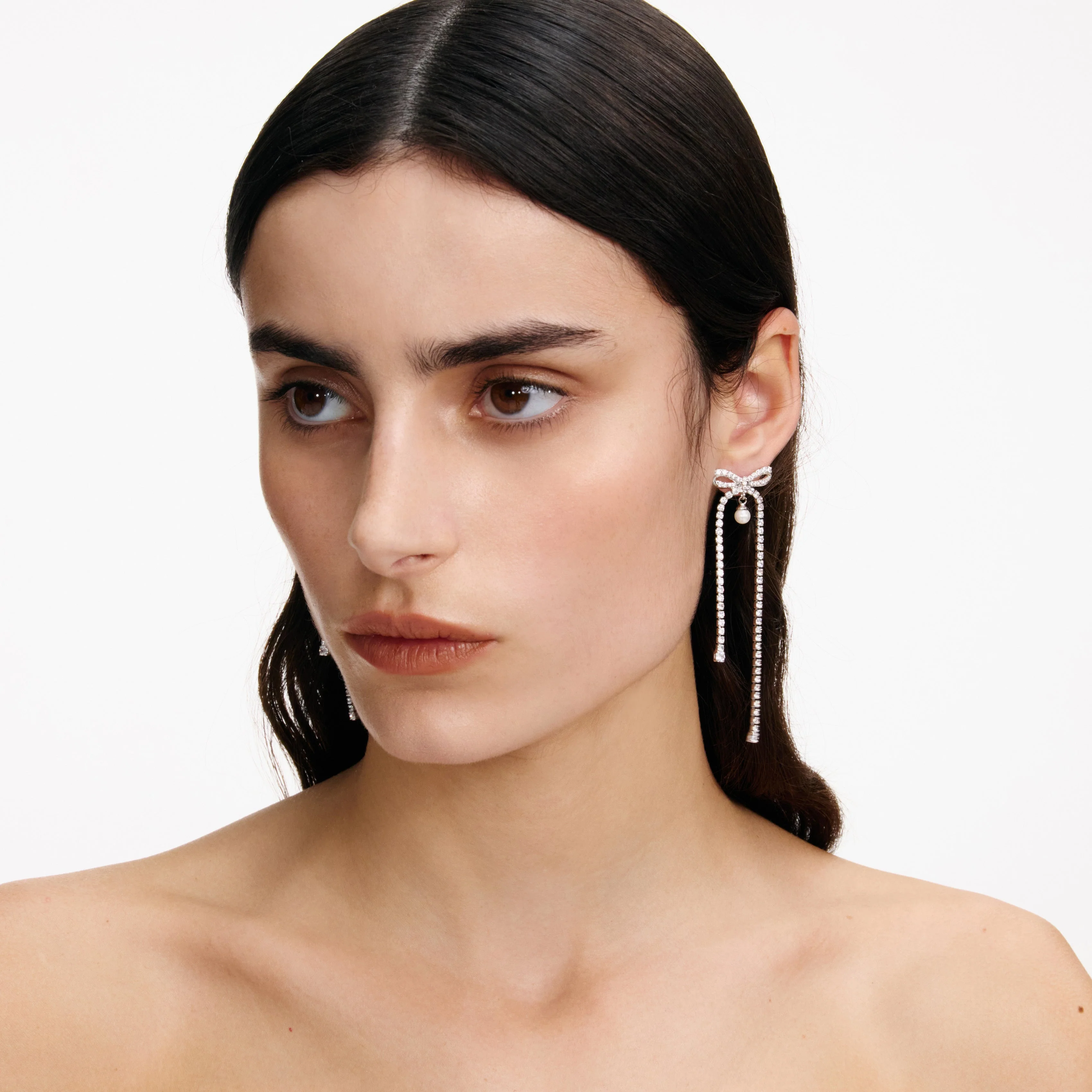 Crystal Bow Pearl Dangle Earrings - Image 2