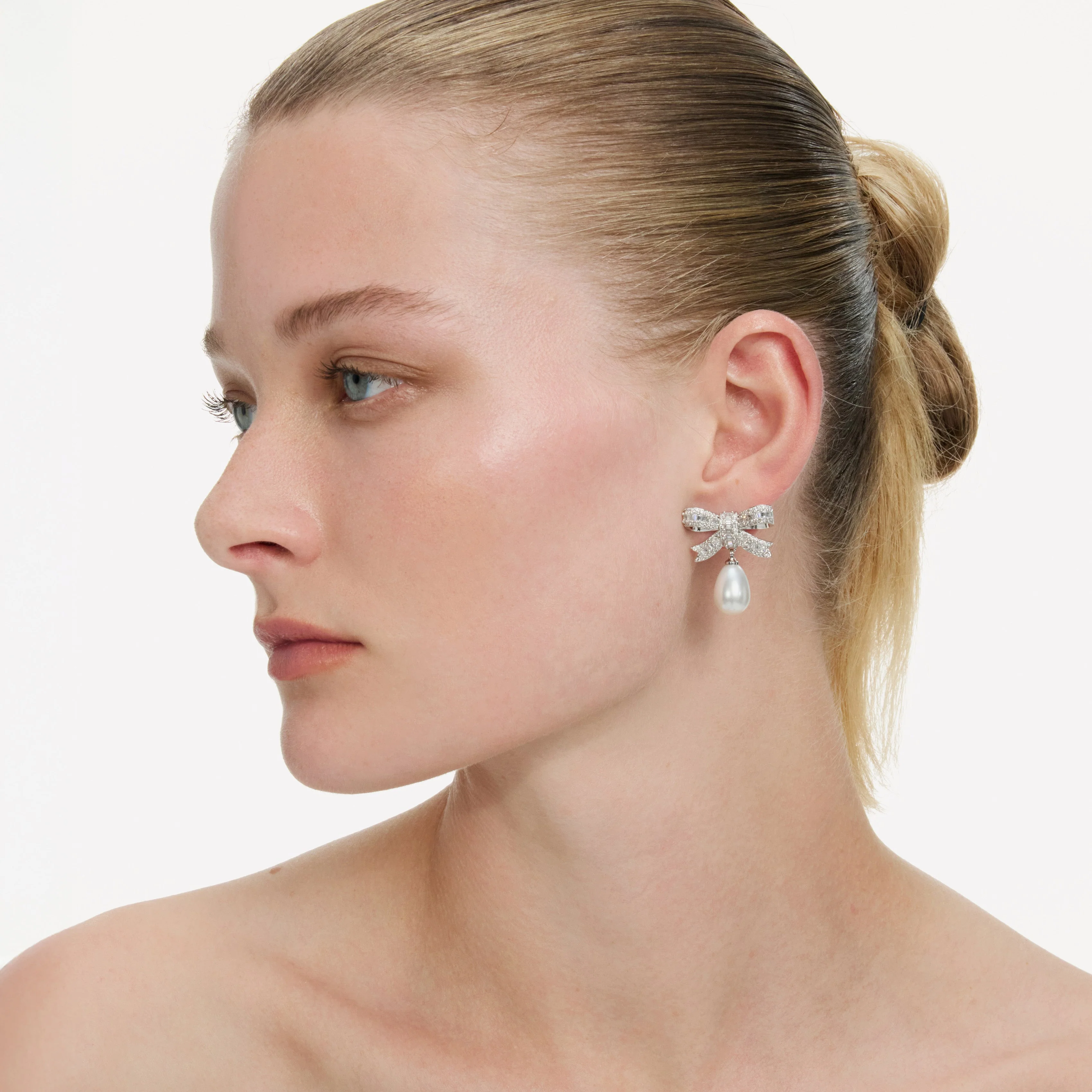 Crystal Bow Pearl Droplet Earrings - Image 2