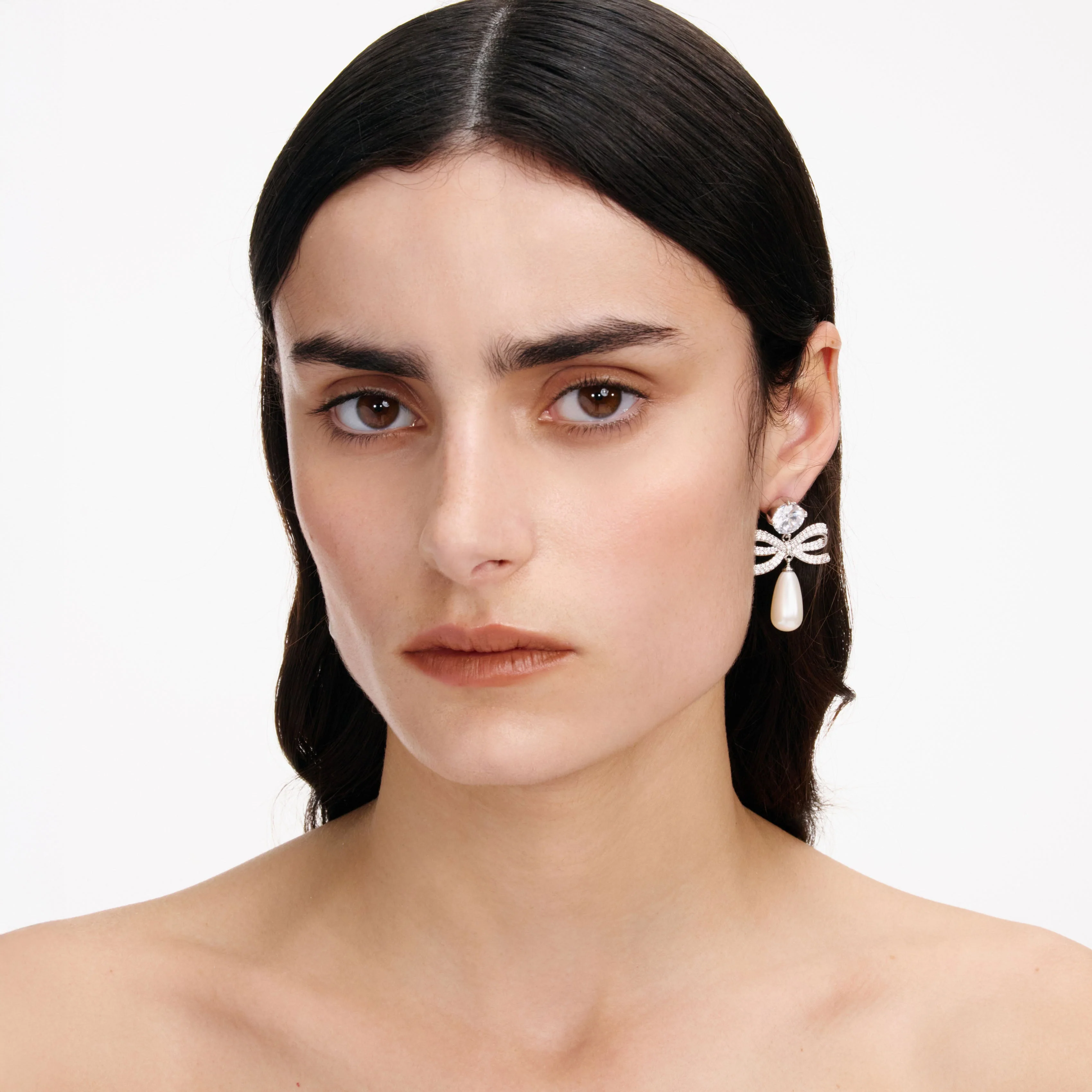 Crystal Bow Pearl Tiered Earrings - Image 2