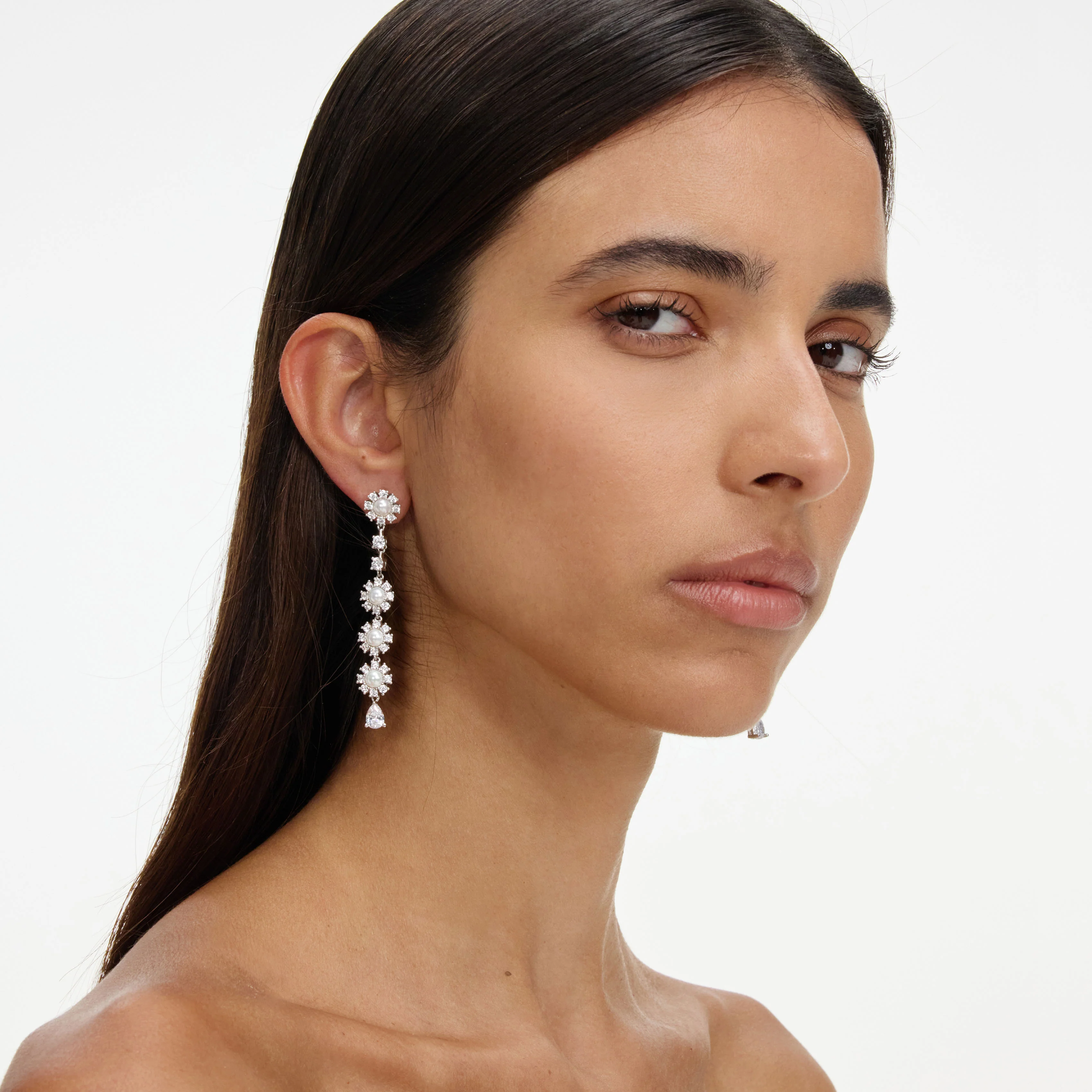 Crystal Pearl Tiered Drop Earrings - Image 2