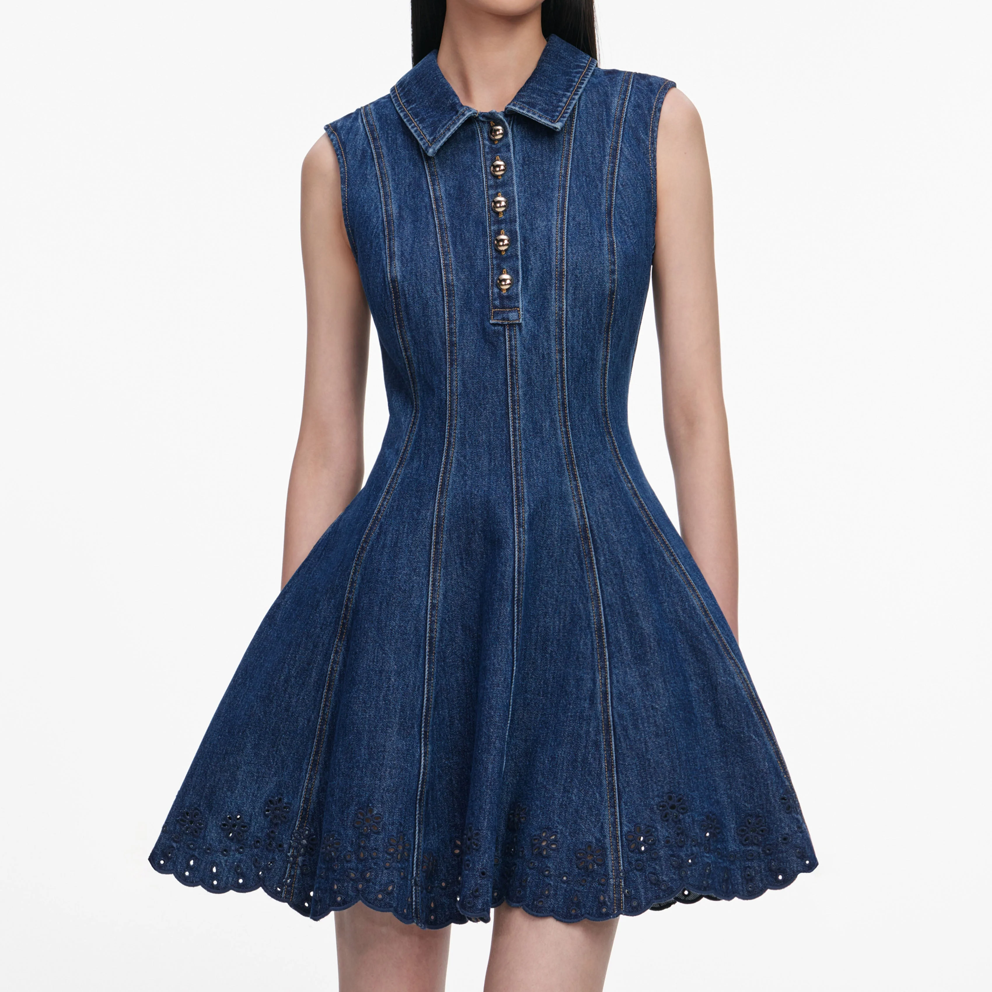 Denim Broderie Mini Dress - Image 4