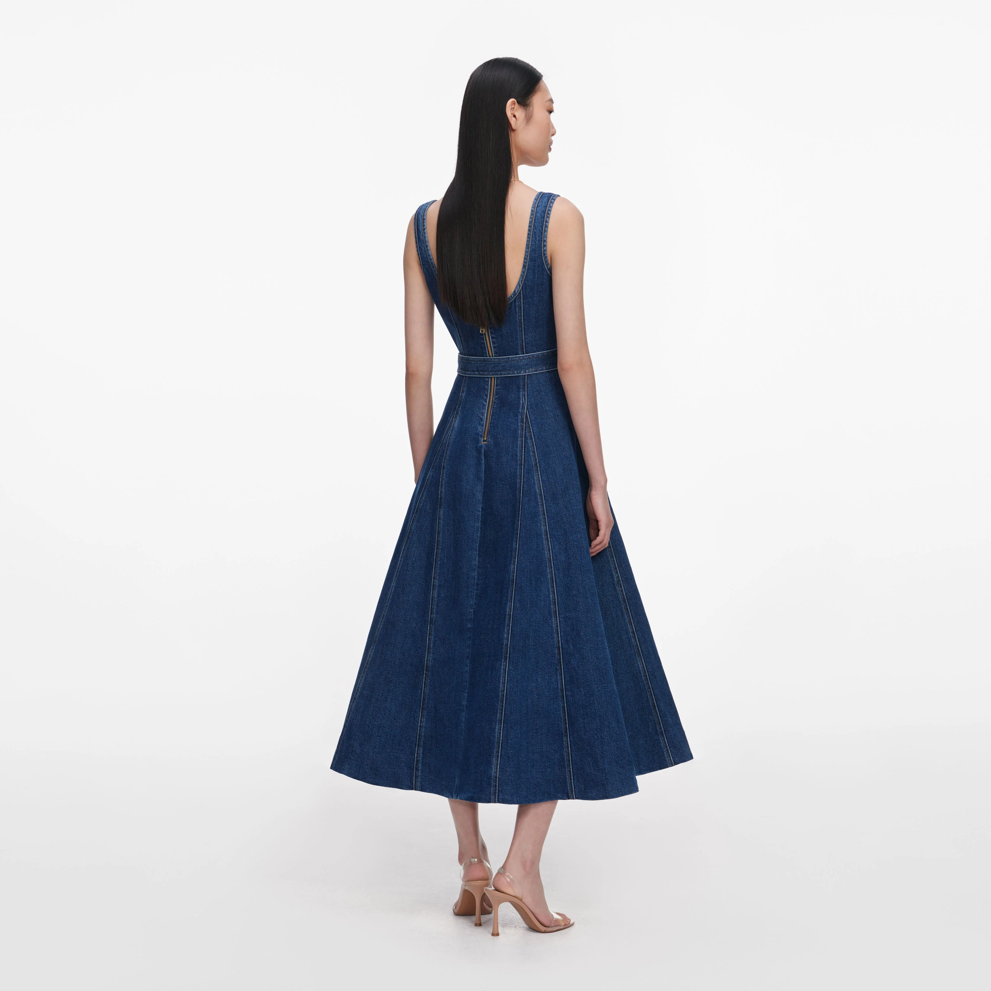 Denim Flared Belted Midi Dress - Image 3
