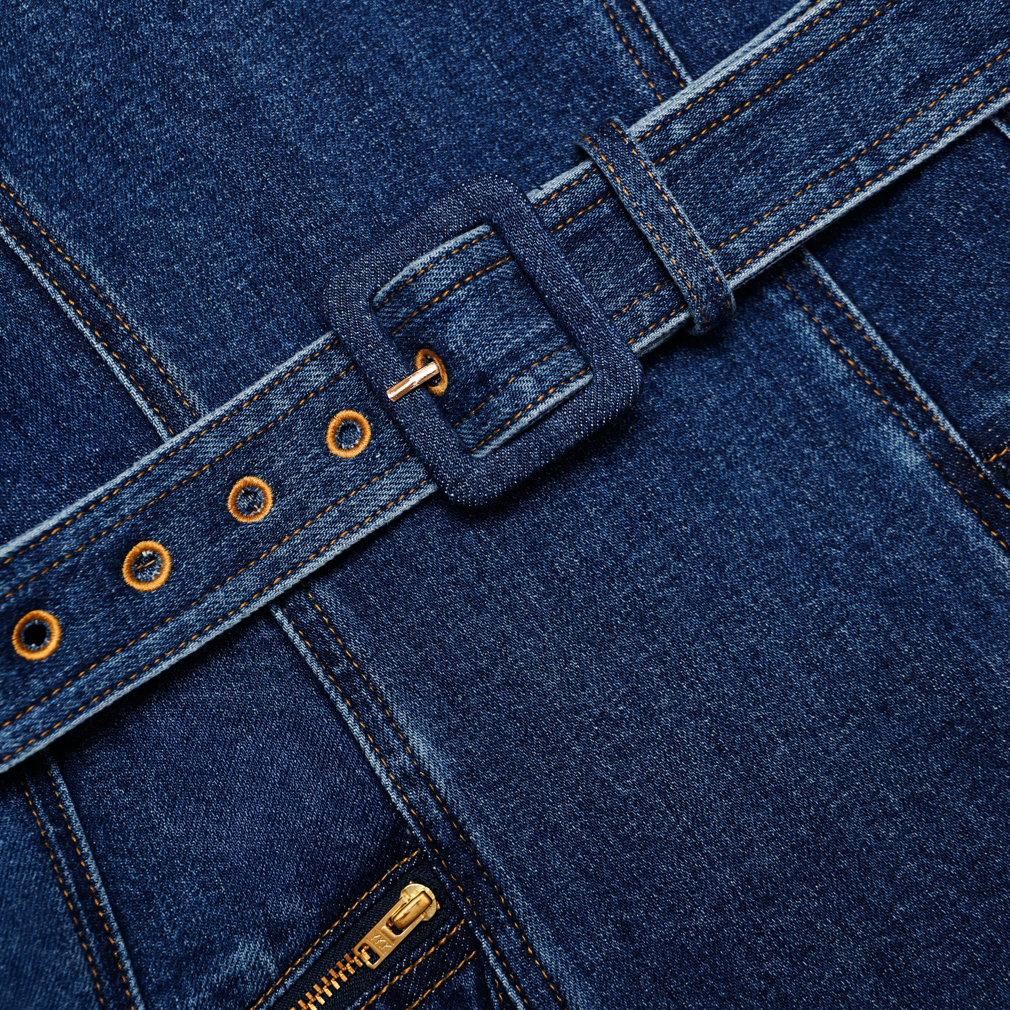 Denim Flared Belted Midi Dress - Image 5