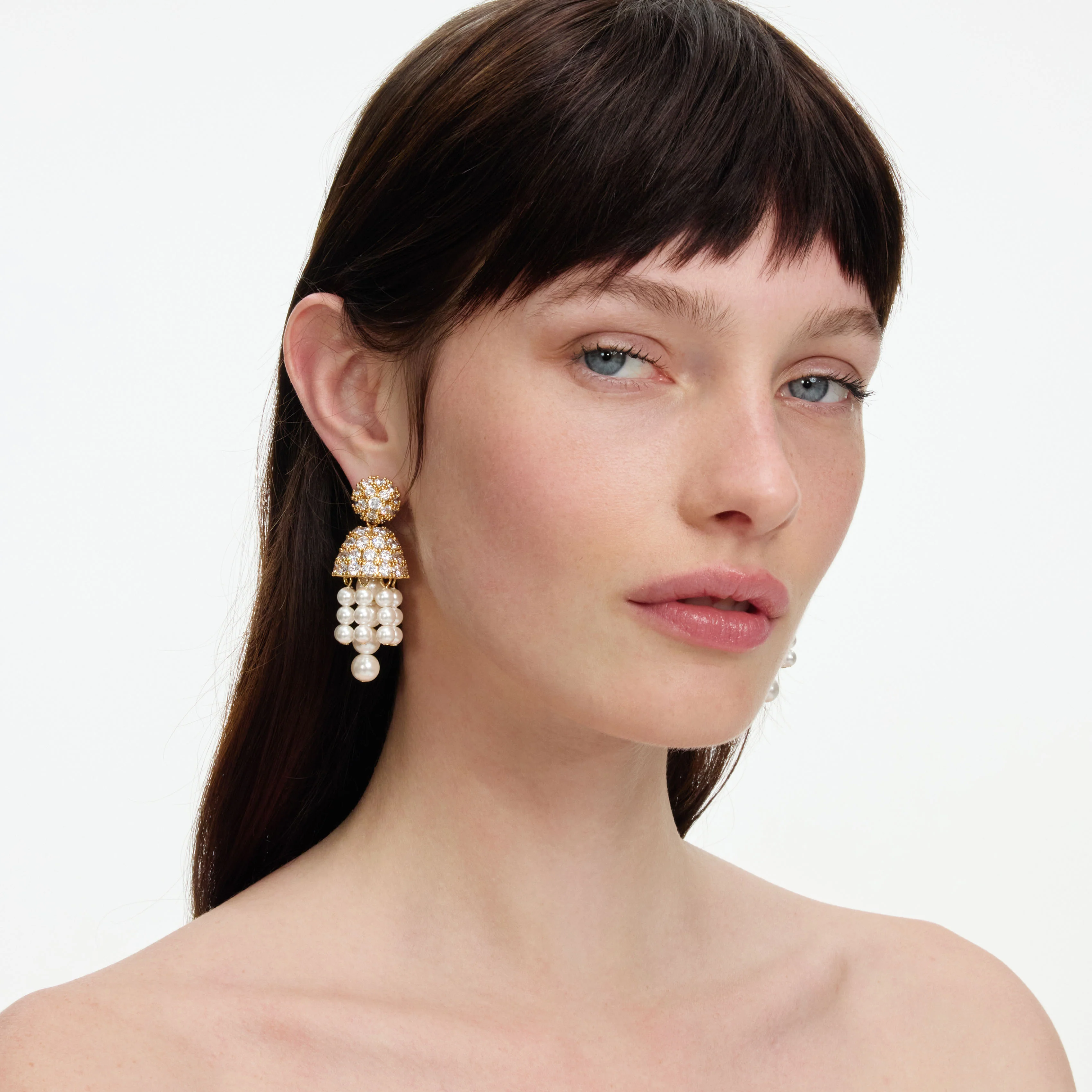 Gold Crystal Cluster Pearl Drop Earrings - Image 2